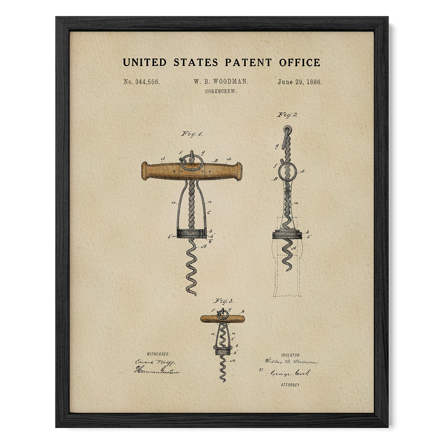 The image is a framed patent drawing from the United States Patent Office, depicting a corkscrew with detailed technical drawings and annotations.