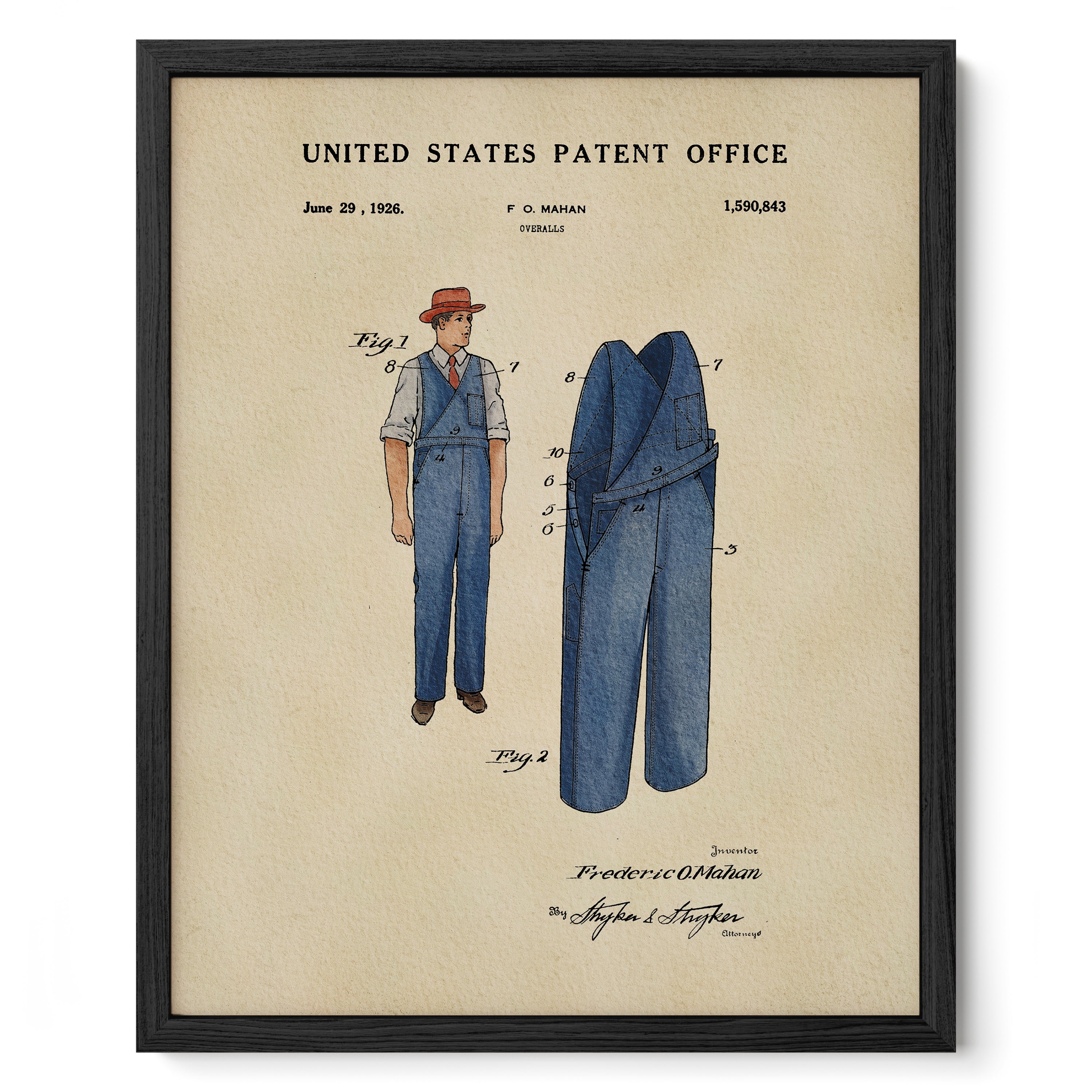 The image is a framed print depicting a man's outfit from June 29, 1926, as shown in the United States Patent Office patent filing.