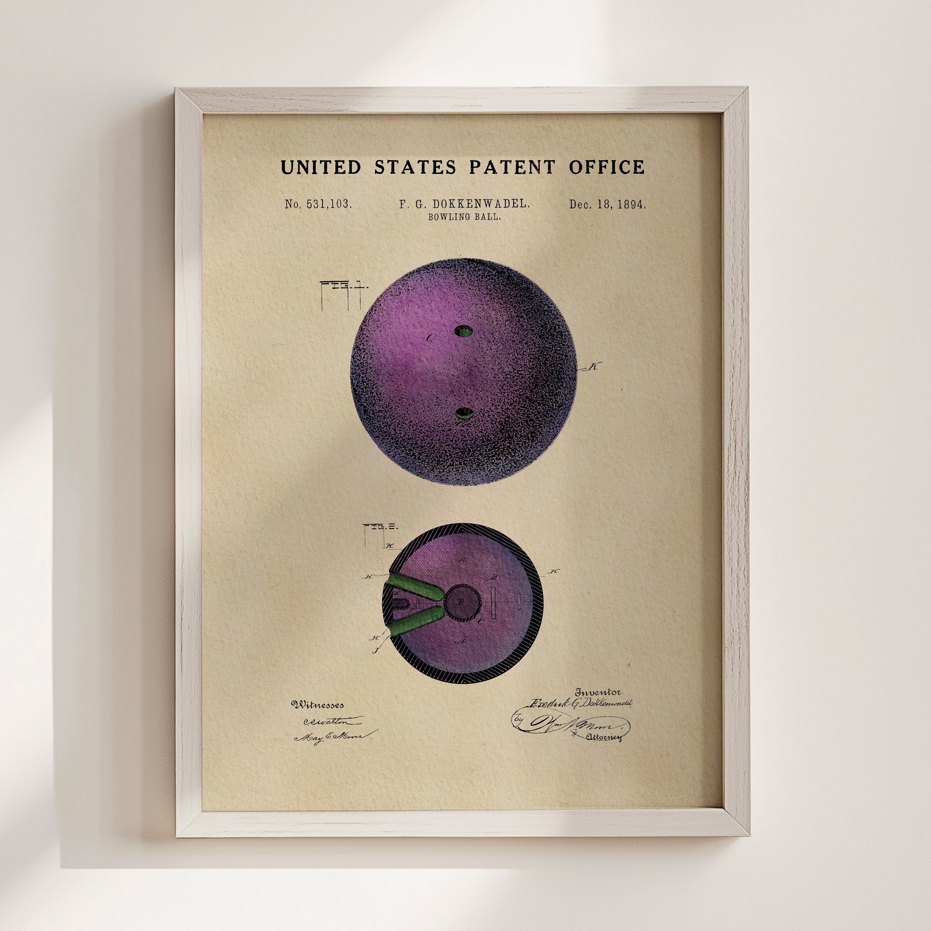 The image is a framed vintage patent drawing depicting a bowling ball, with the title