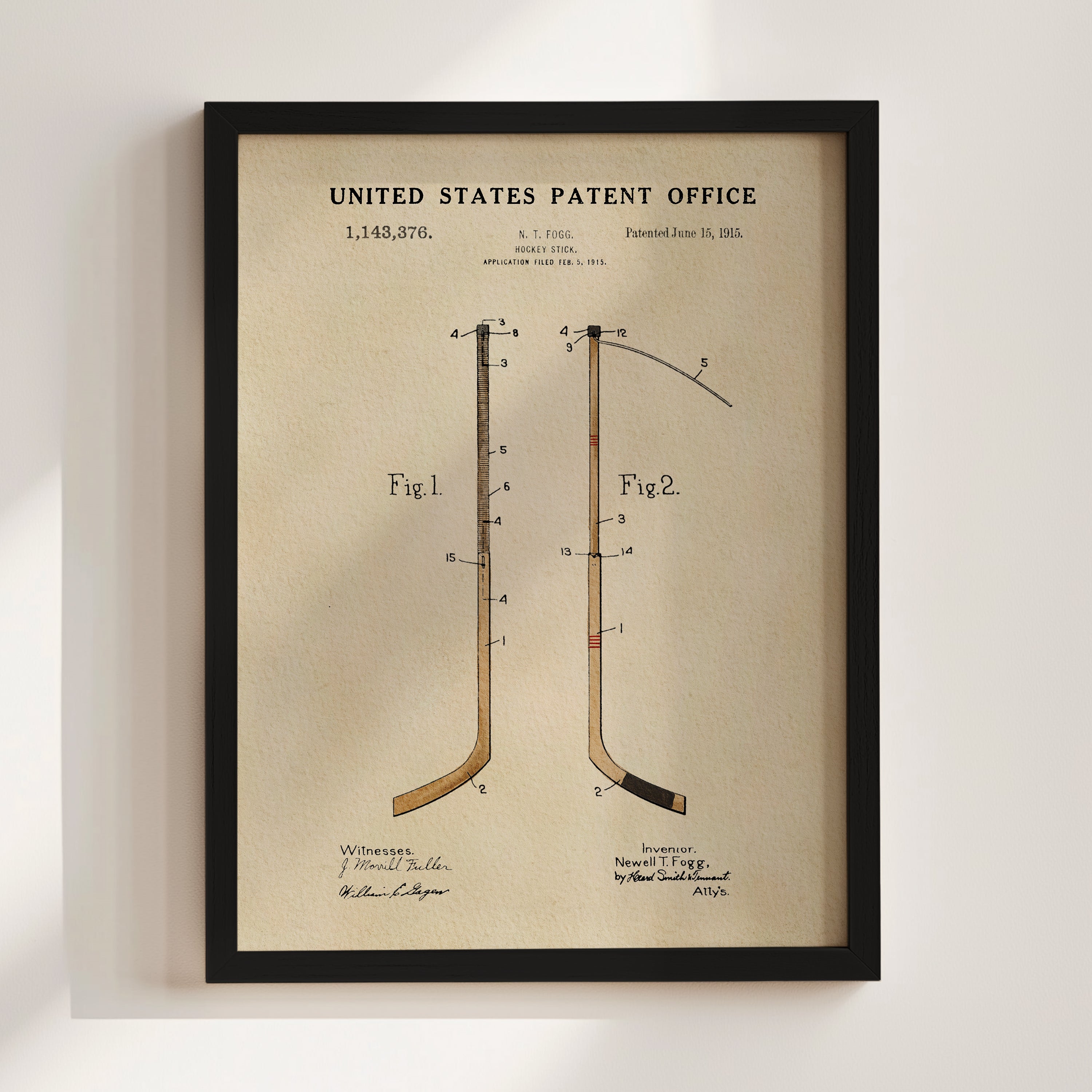 The image is a framed print of a patent drawing from the United States Patent Office, depicting a hockey stick with a diagram and text.