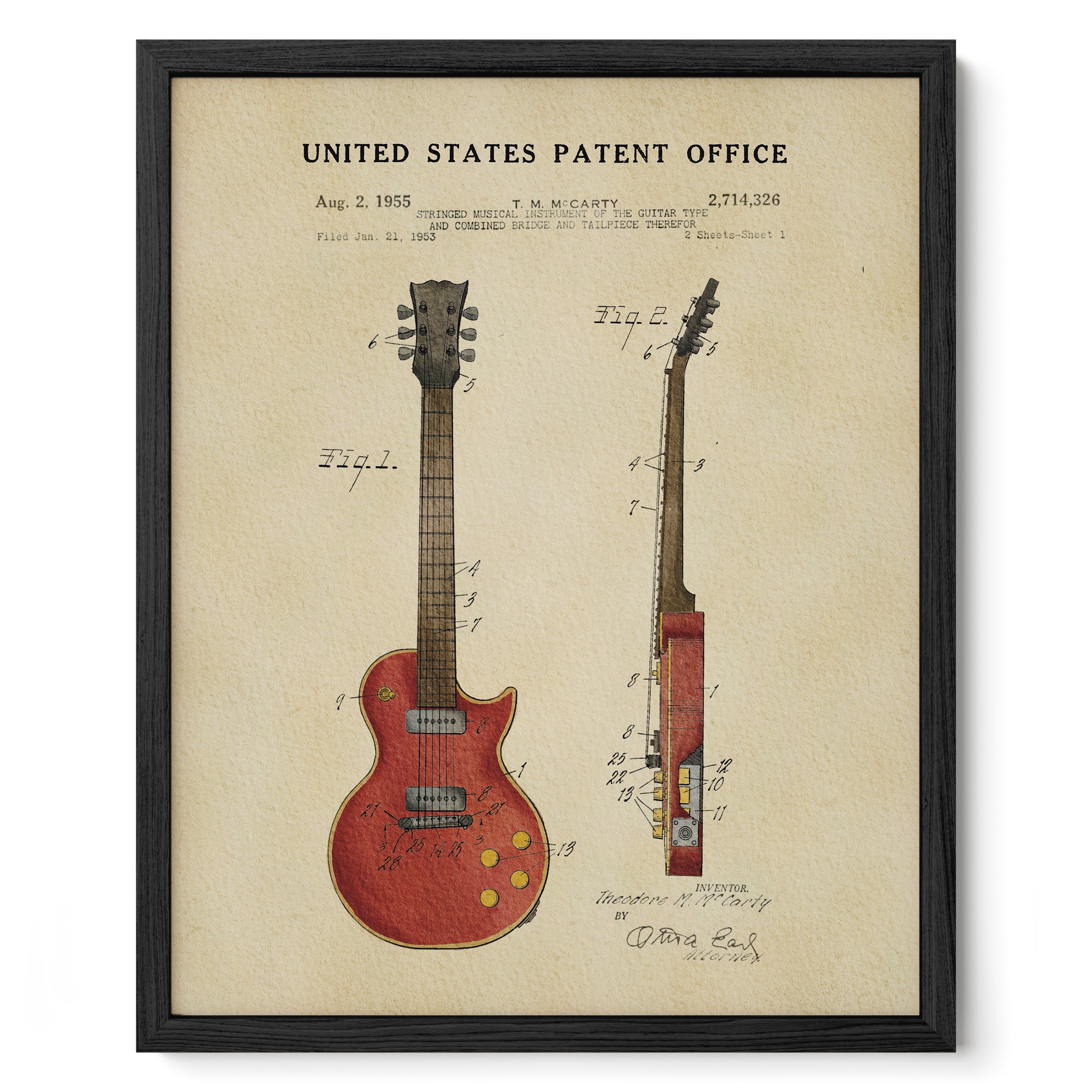 The image is a framed patent drawing of a red electric guitar, depicting the design and features of the instrument.