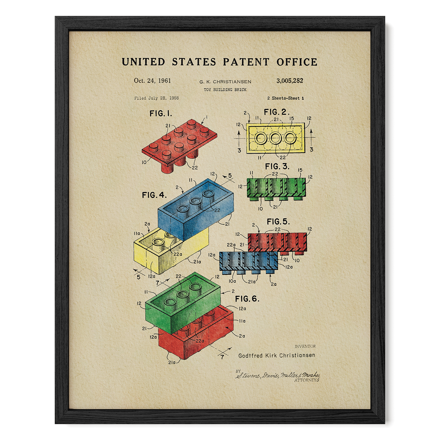 The image is a framed patent drawing depicting various Lego bricks and their corresponding patent applications from the United States Patent Office.