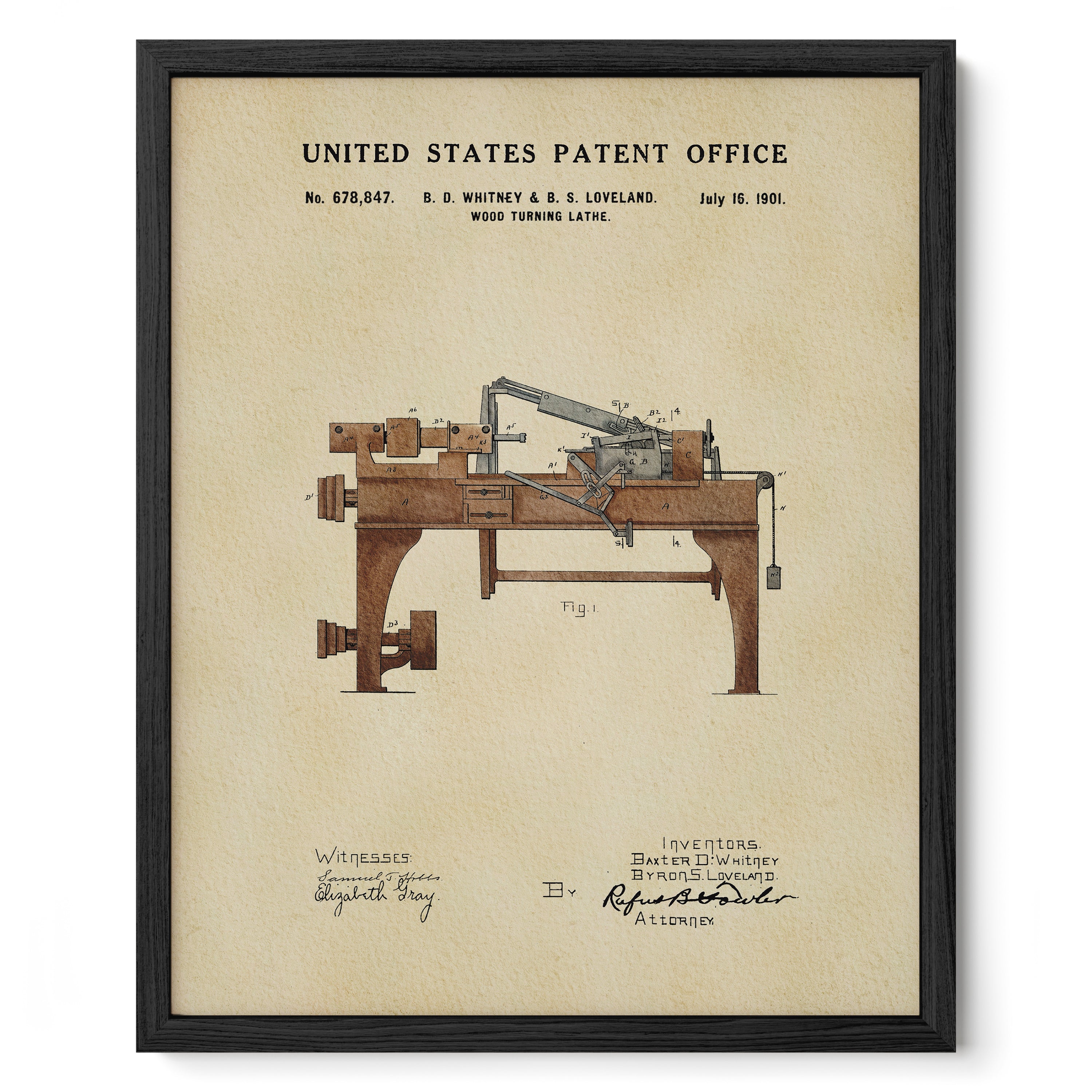 The image is a framed print of a United States patent office patent from July 18, 1901, for an invention by B. D. Whitney & S. Loveland, which is a wood turning lathe.