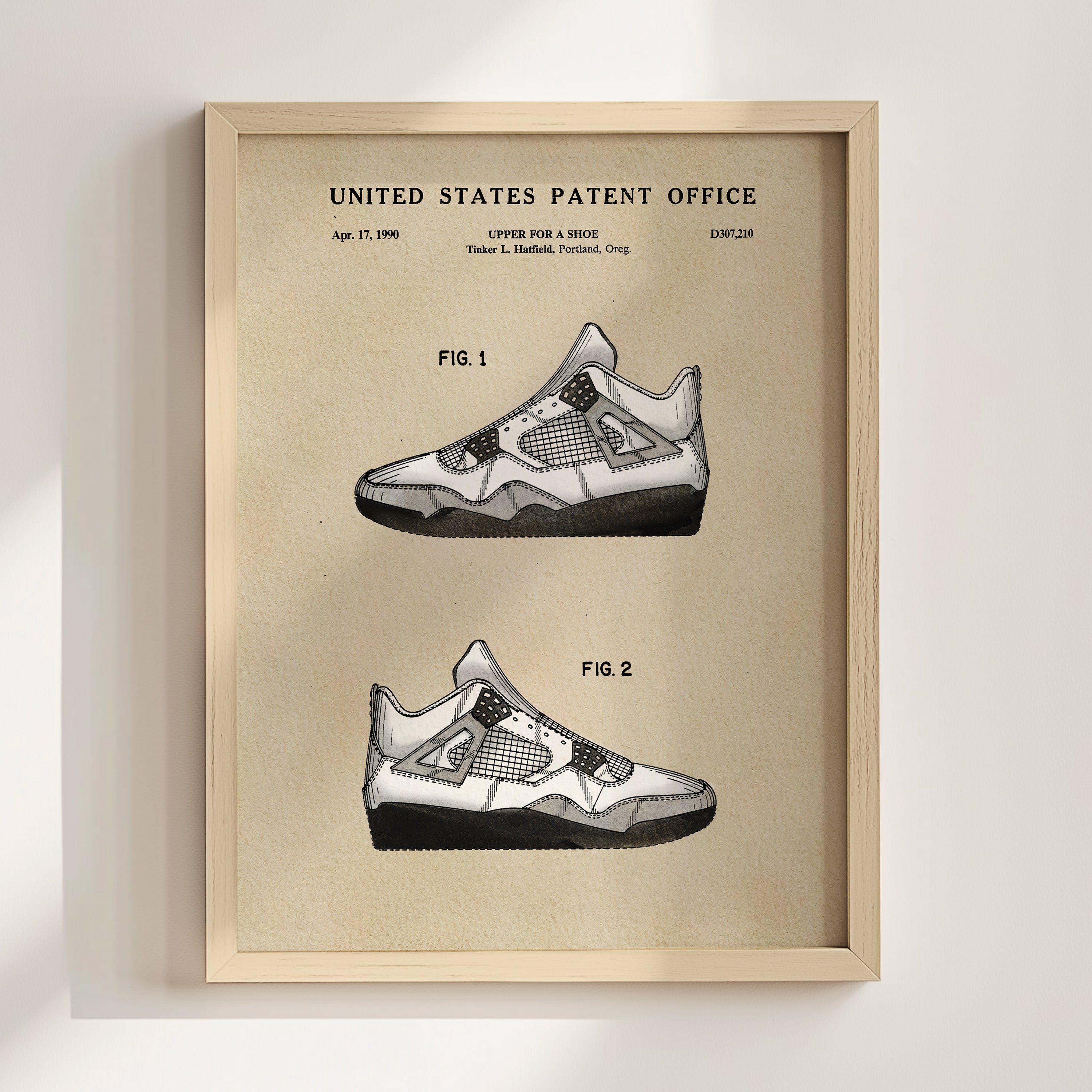 The image is a framed print of a patent filing for a shoe design, featuring two detailed illustrations of the shoe design.