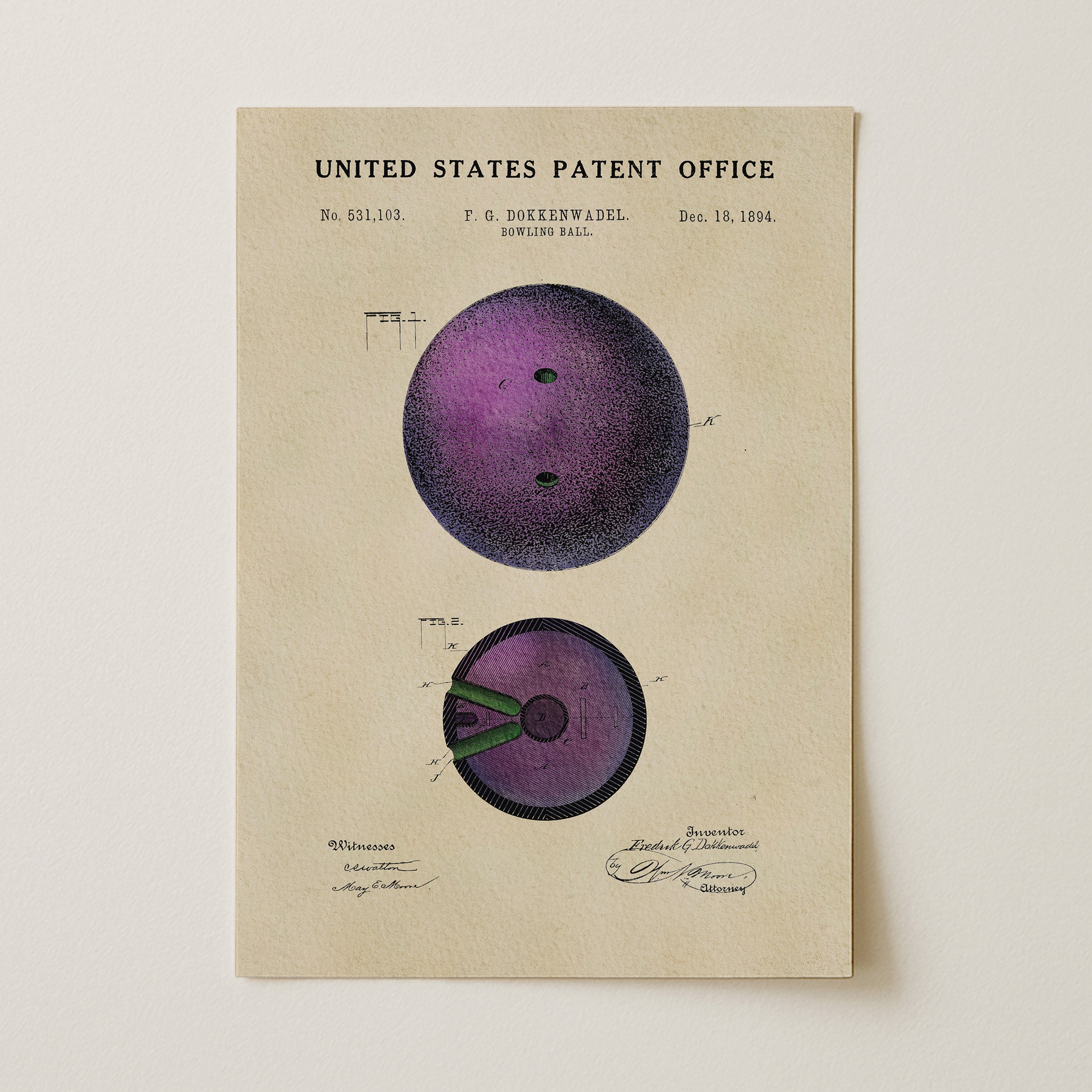 The image is a patent drawing from the United States Patent Office, depicting a purple bowling ball with two holes.