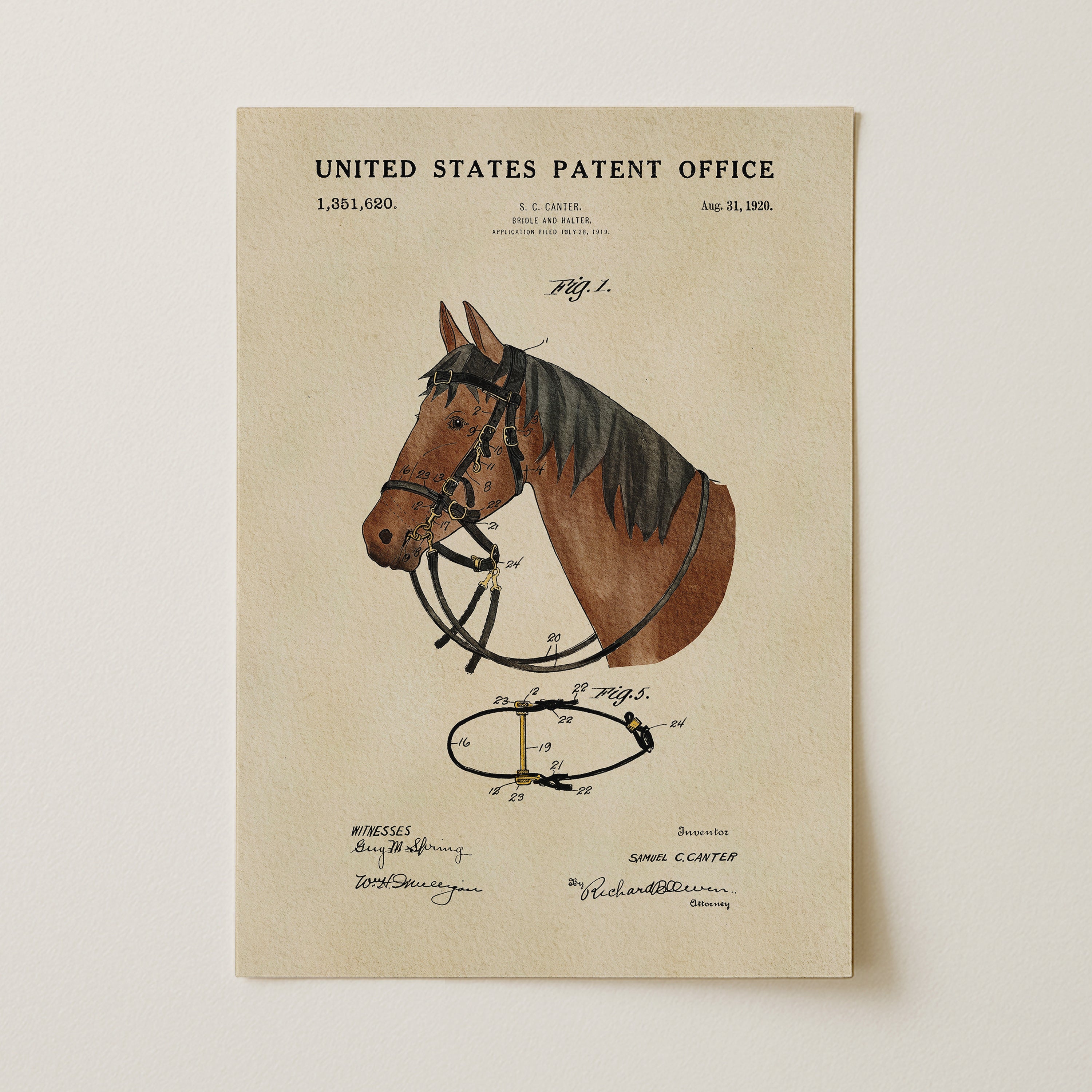 The image is a patent drawing of a horse harness, depicting a detailed illustration of the harness and its components.