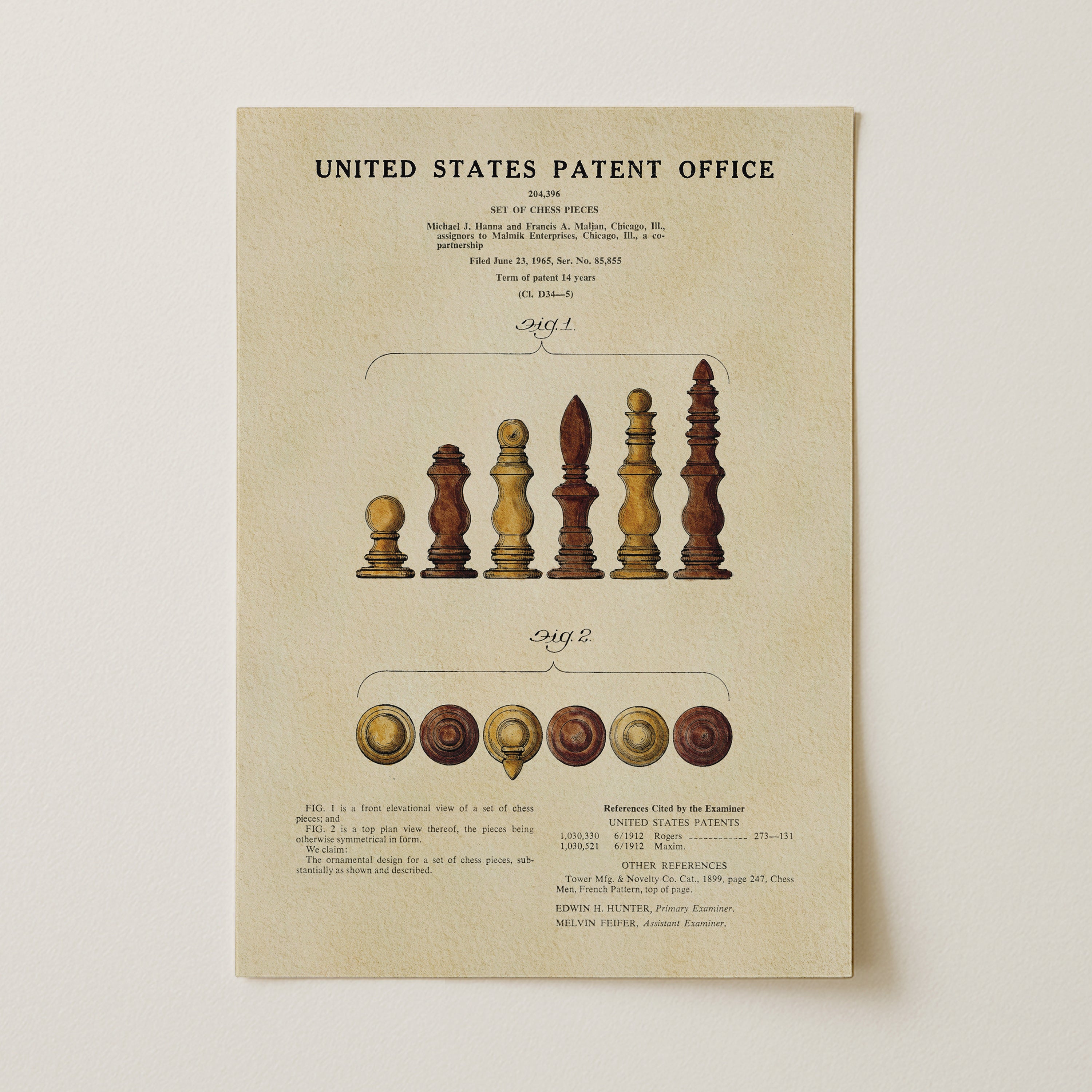 The image is a printed page from the United States Patent Office, featuring an illustration of a chess set and a list of chess pieces.