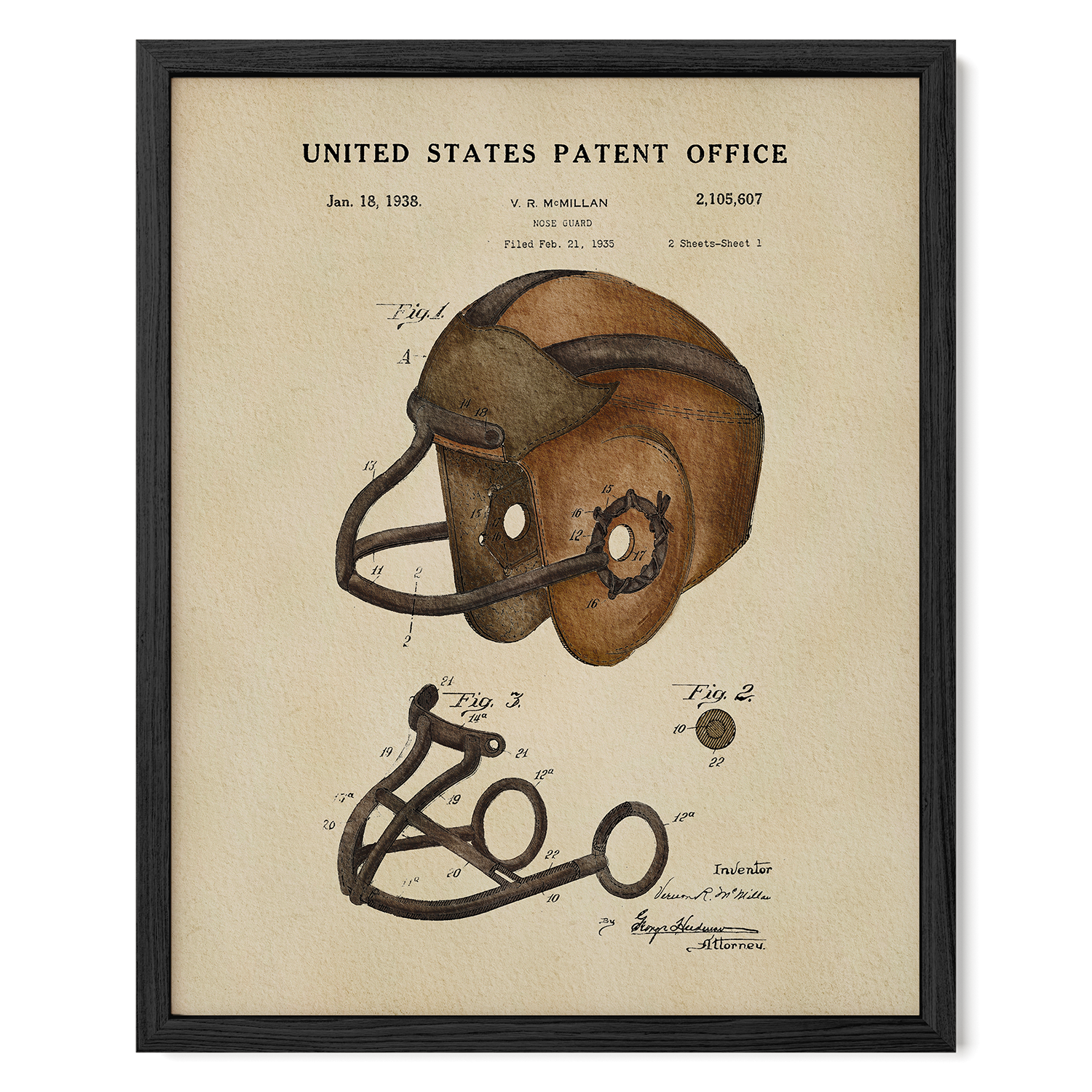 The image is a framed print depicting a vintage football helmet with a detailed illustration and patent filing dated January 18, 1938.