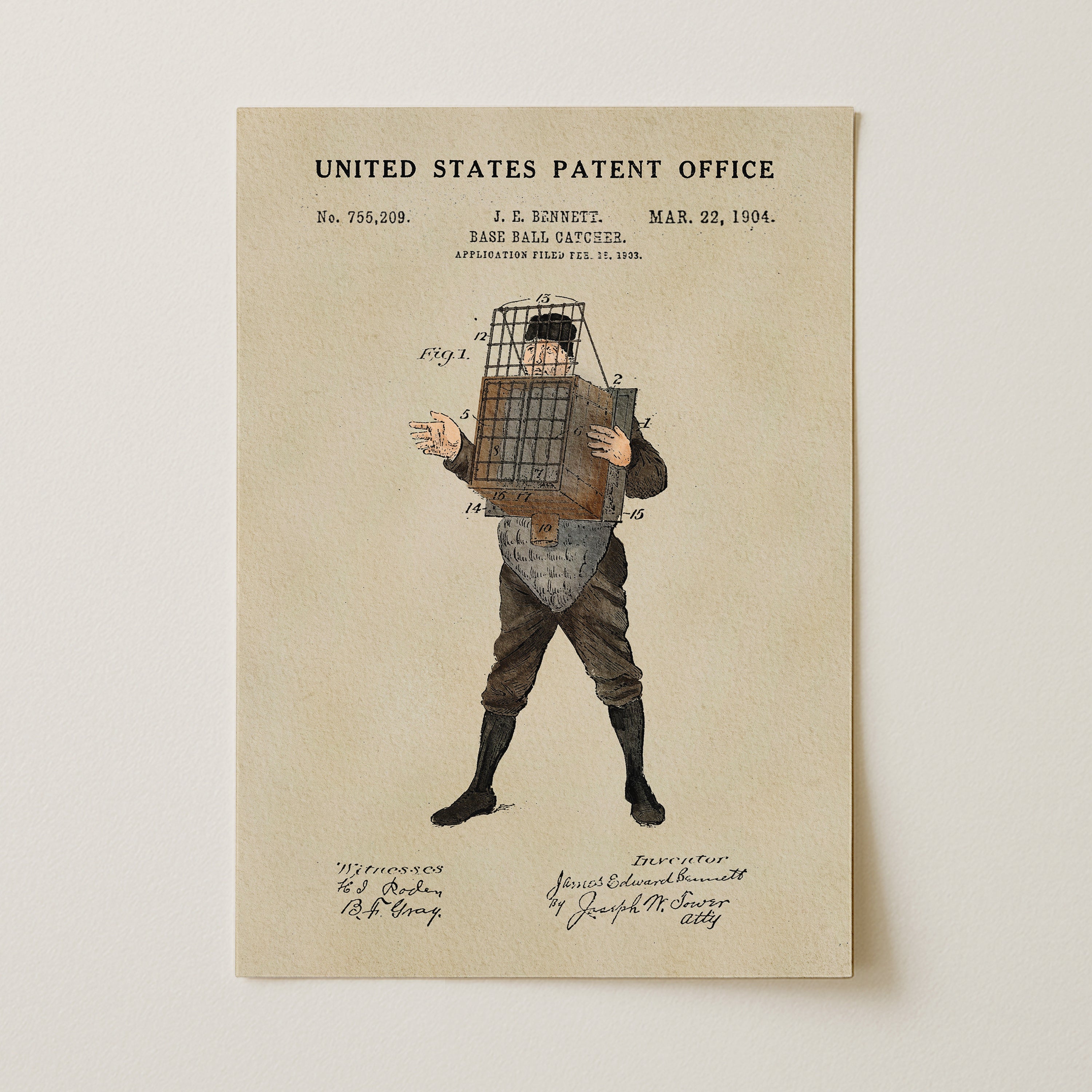 The image is a patent drawing from the United States Patent Office, depicting a man with a cage on his head.