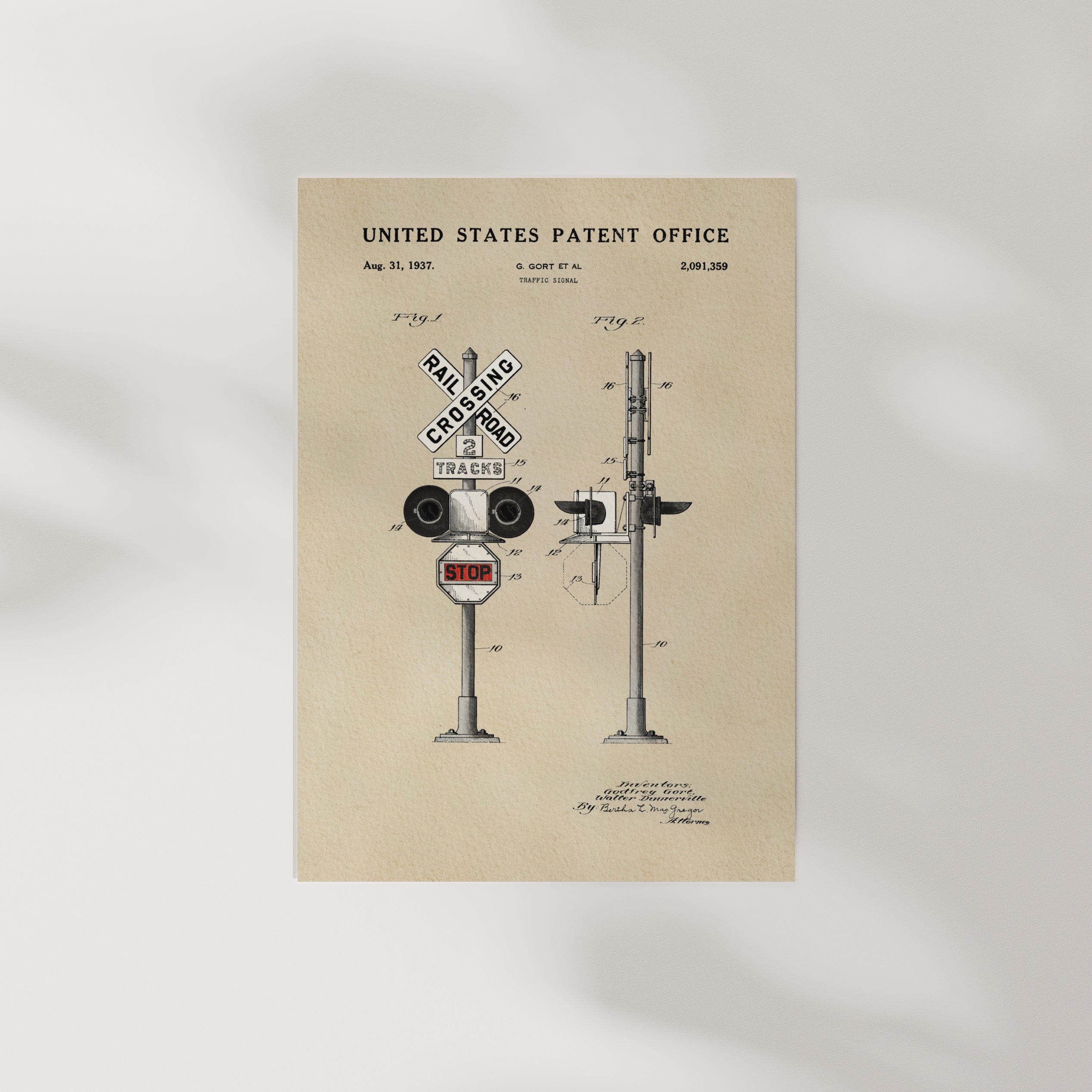 The image is a vintage United States patent drawing depicting a railroad crossing safety device, specifically a railroad crossing signal.