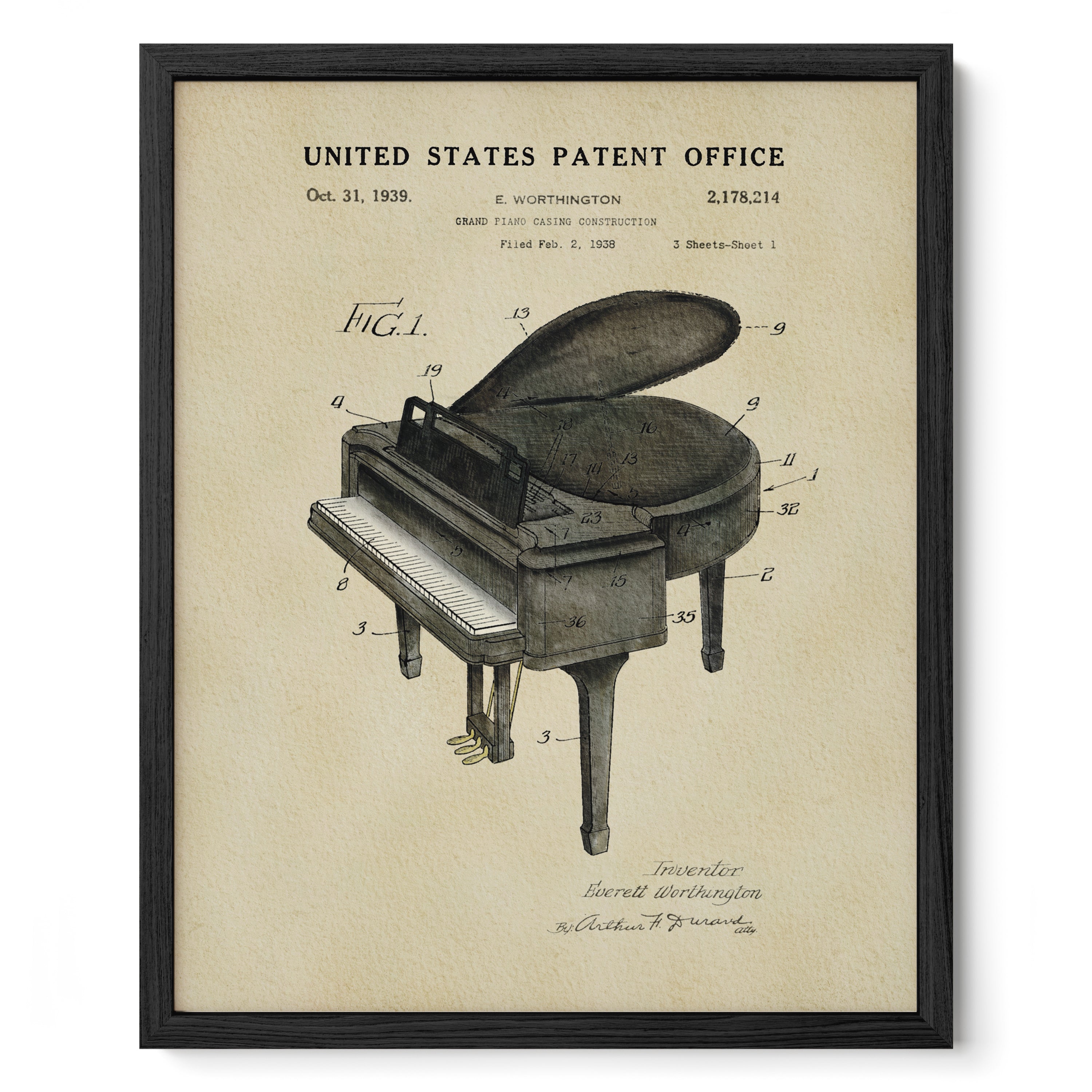 The image is a framed patent drawing of a grand piano, depicting its design and construction.