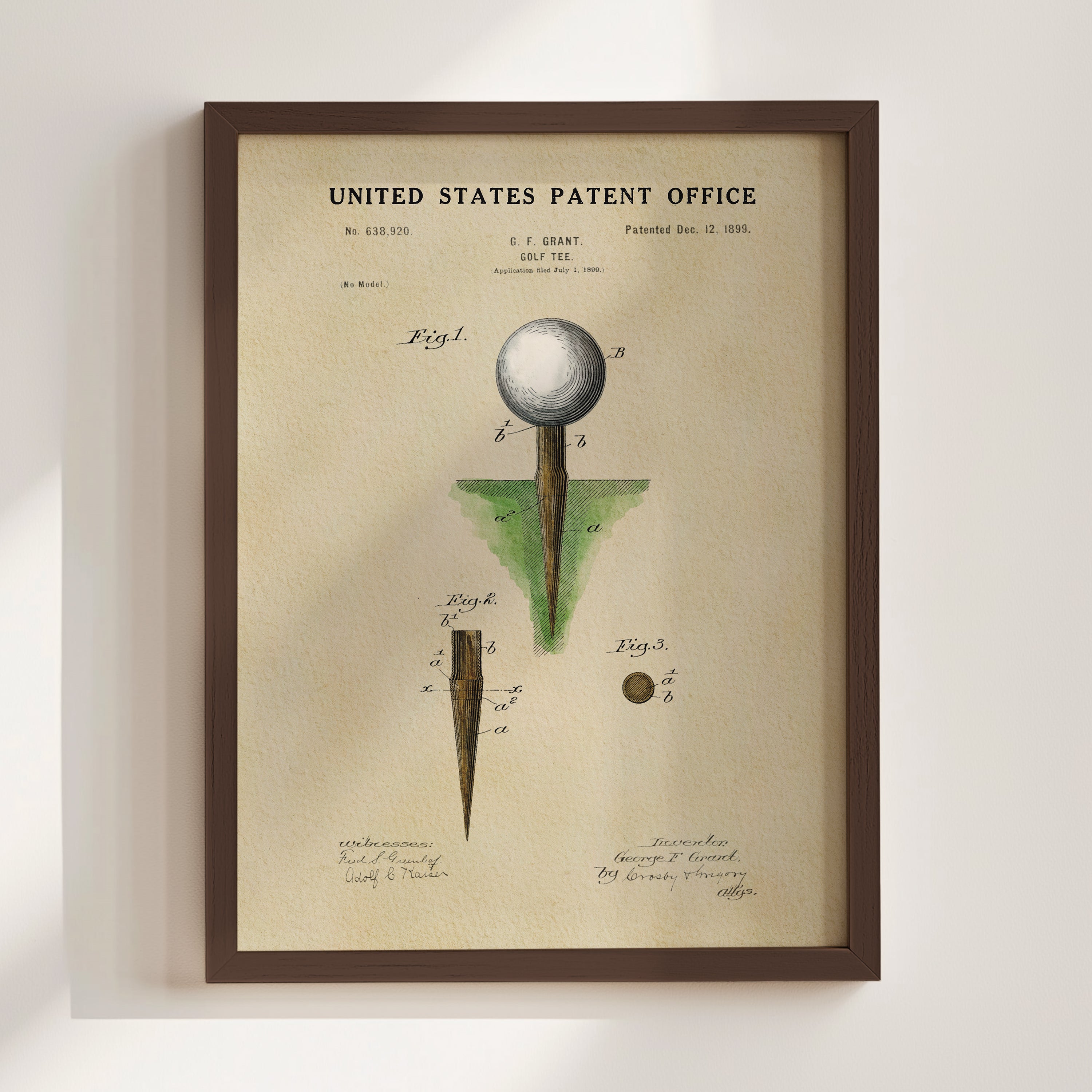 The image is a framed patent drawing depicting a golf club with a white ball on top, along with various technical drawings and annotations.