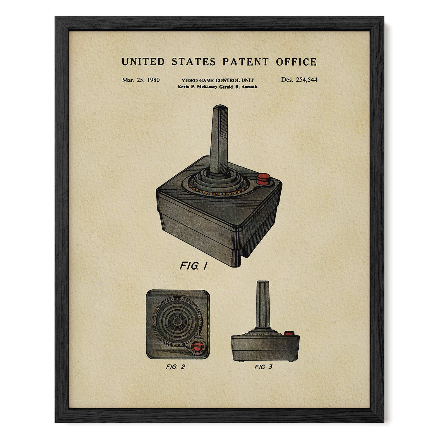 The image is a framed patent drawing of a joystick from the 1980s, depicting the joystick in three different views.