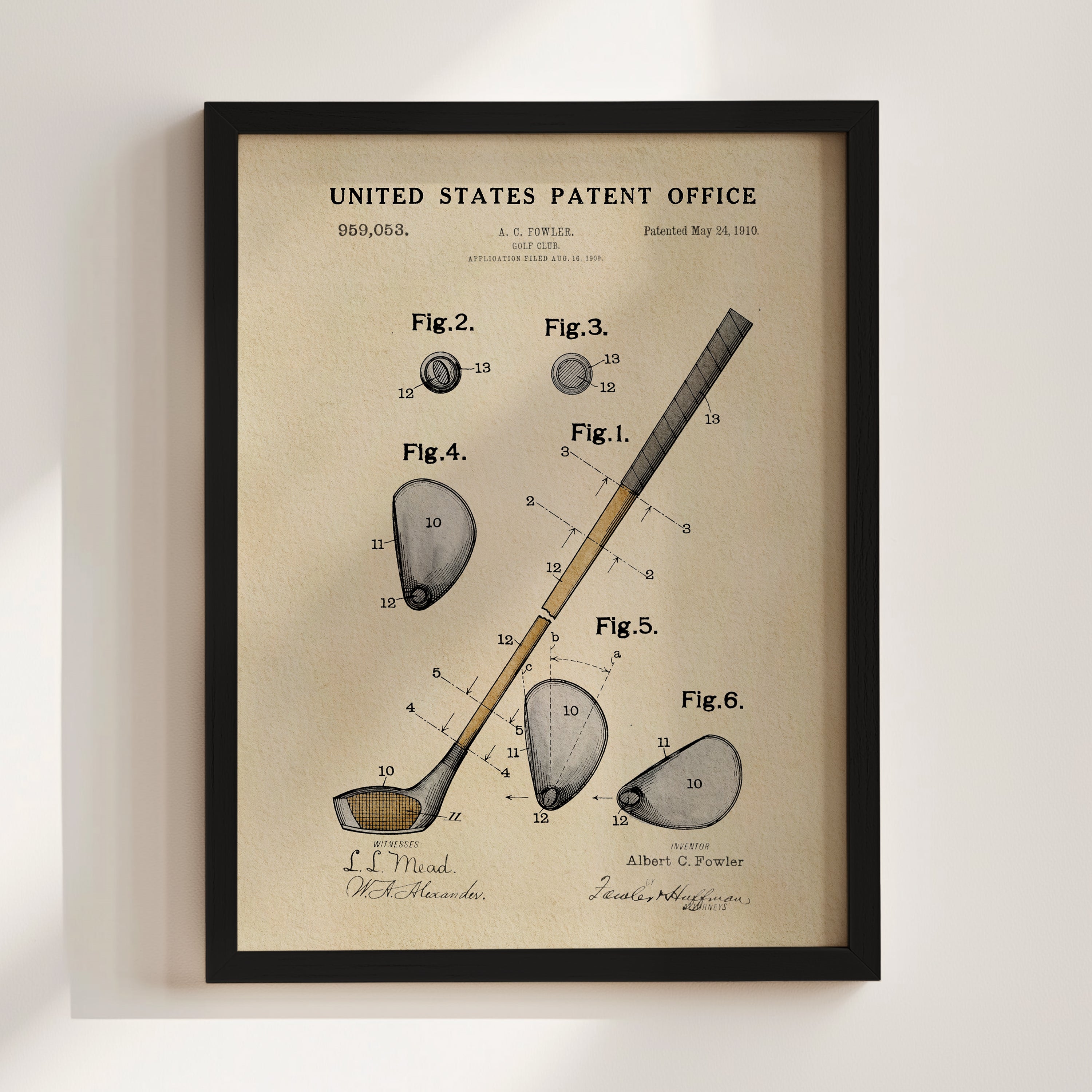 The image is a framed patent drawing depicting a golf club and its components, including the club head, shaft, and other parts.