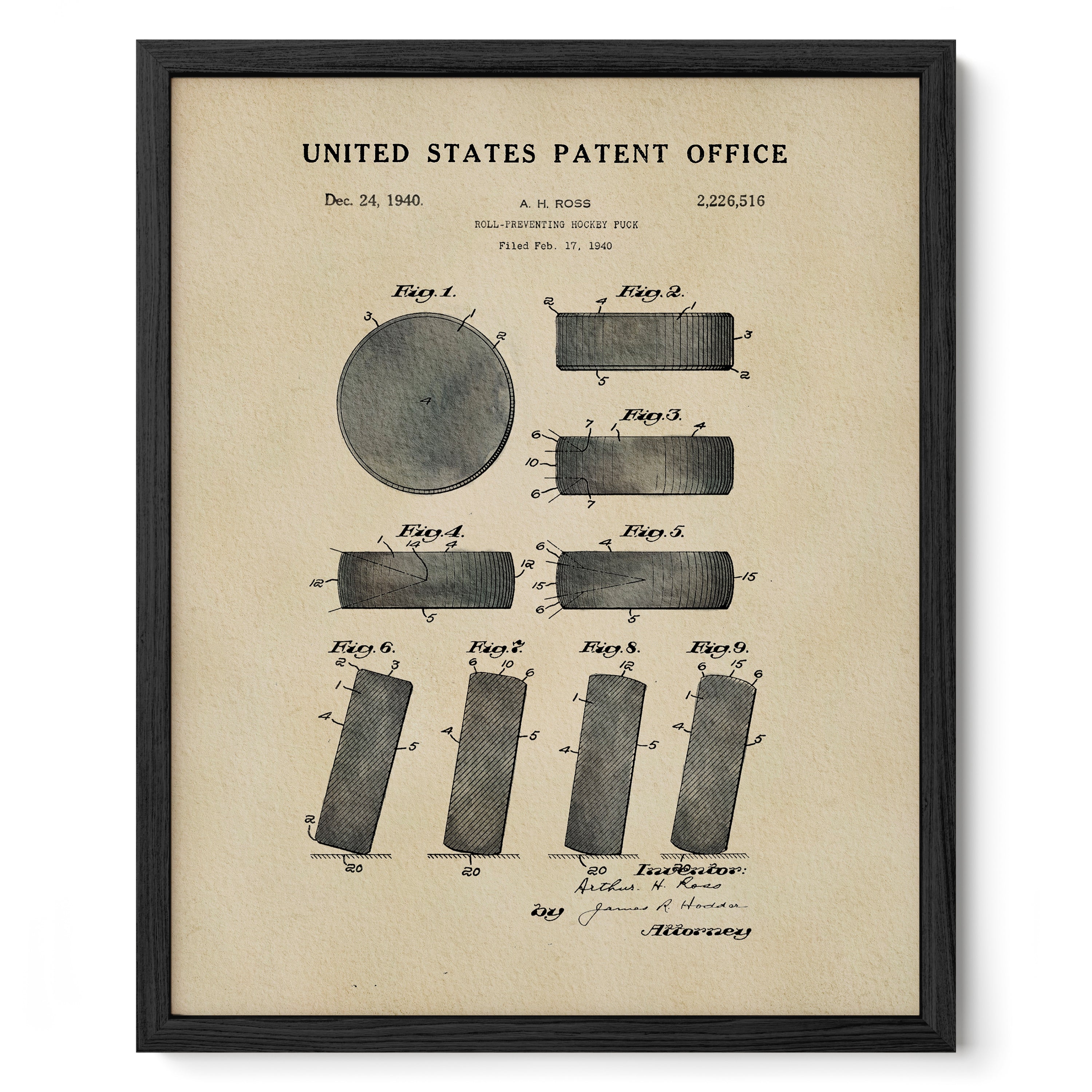 The image is a framed patent drawing from the United States Patent Office, depicting a hockey puck with various technical drawings and specifications.