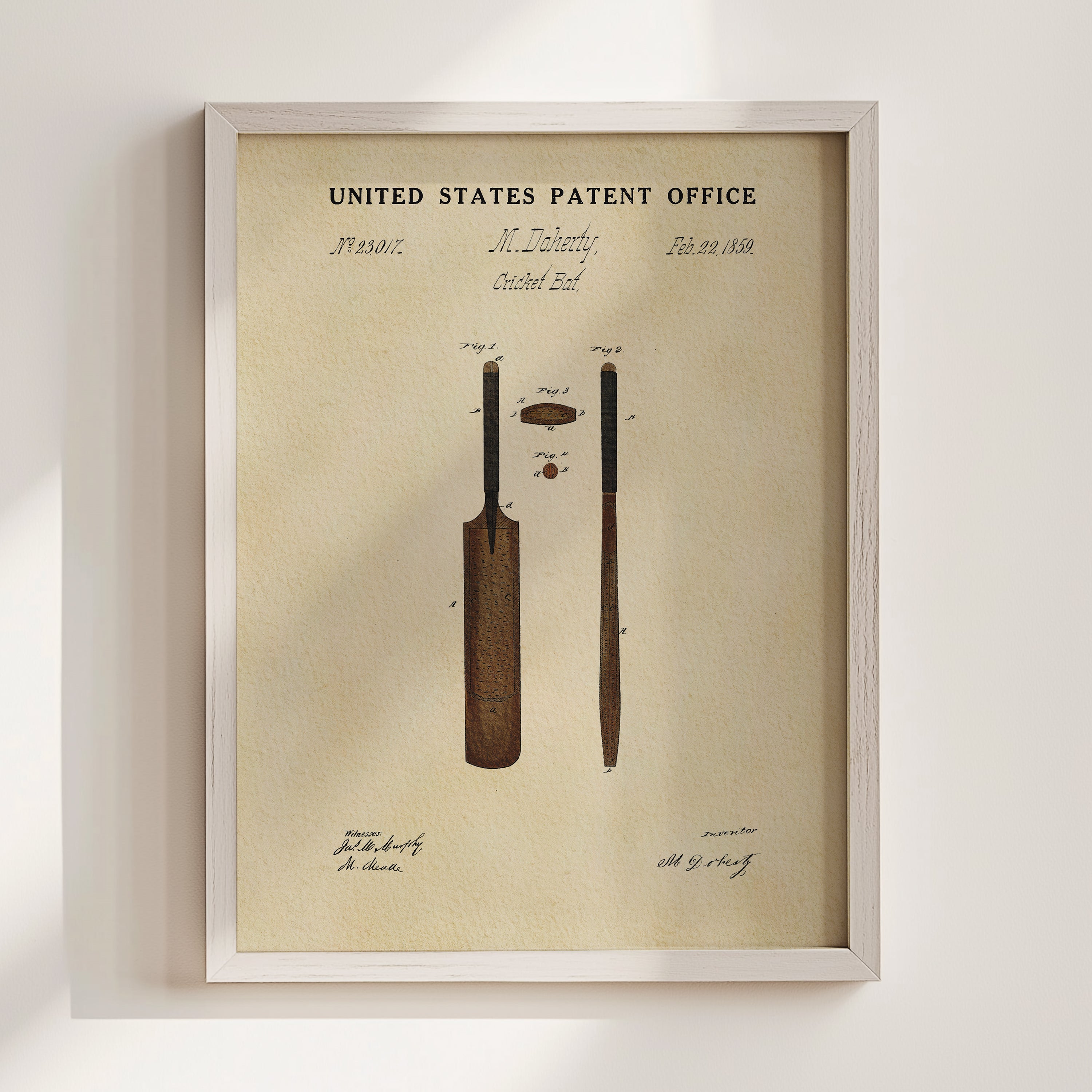 The image is a framed patent drawing depicting a cricket bat and ball.