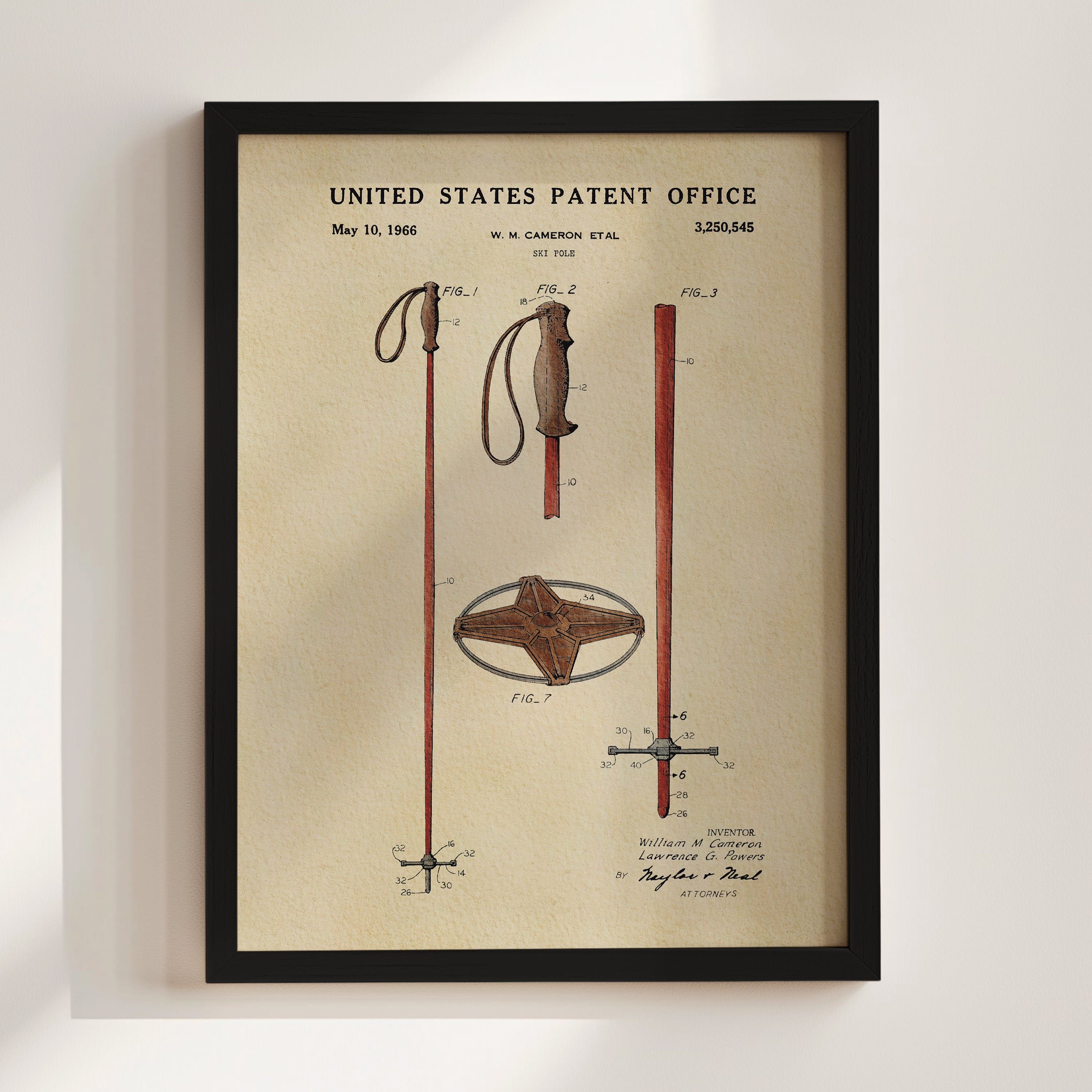 The image is a framed patent drawing depicting a pair of ski poles with a cross-shaped attachment, as well as a cross-shaped attachment.