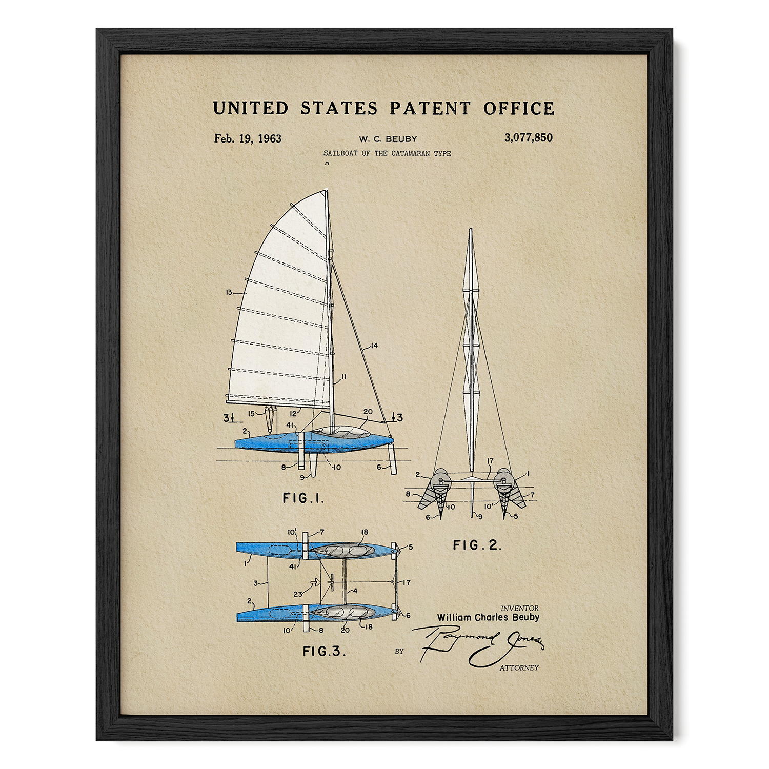 The image is a framed patent drawing depicting a sailboat with detailed technical drawings and specifications.