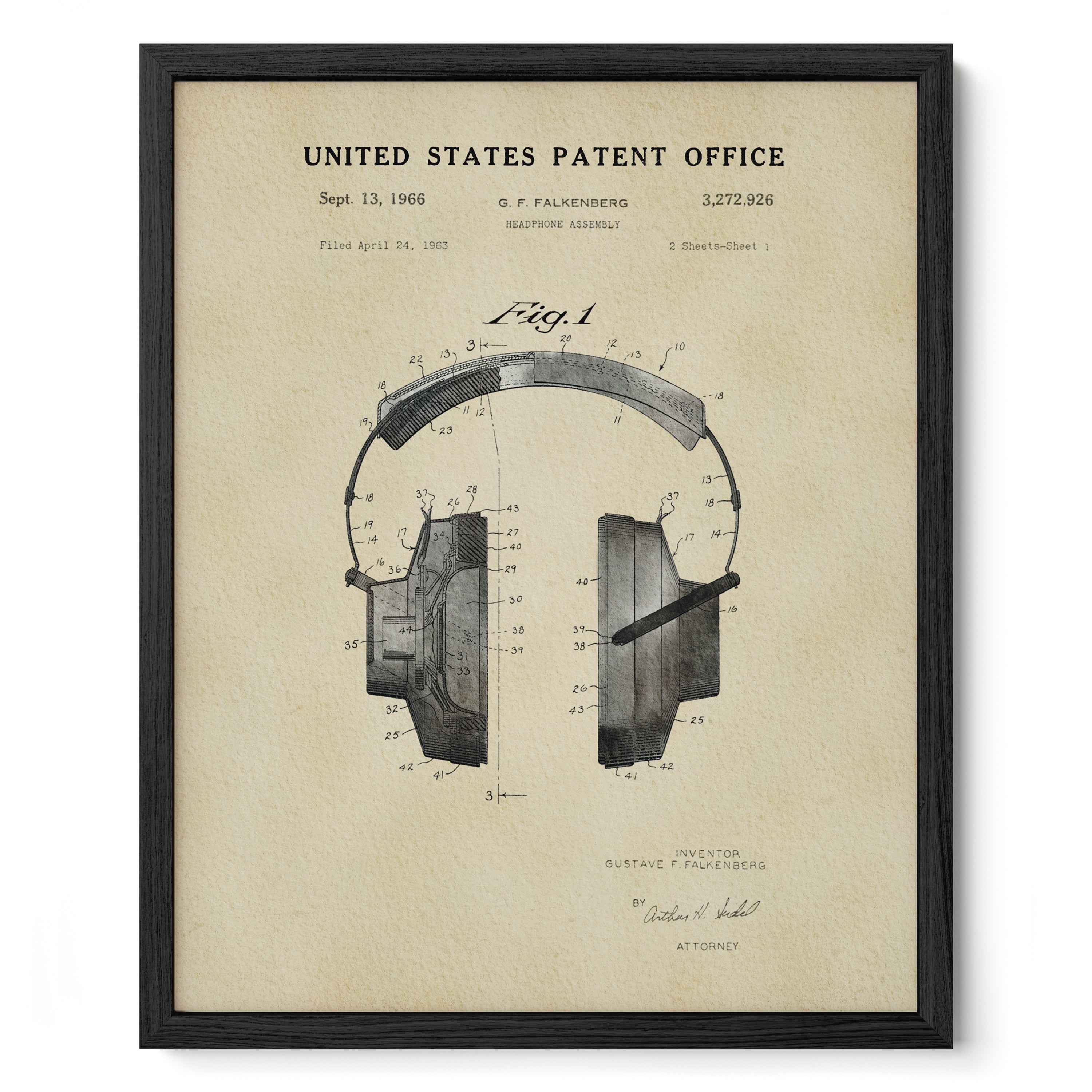The image is a framed patent drawing of a pair of headphones, depicting the design and features of the headphones.