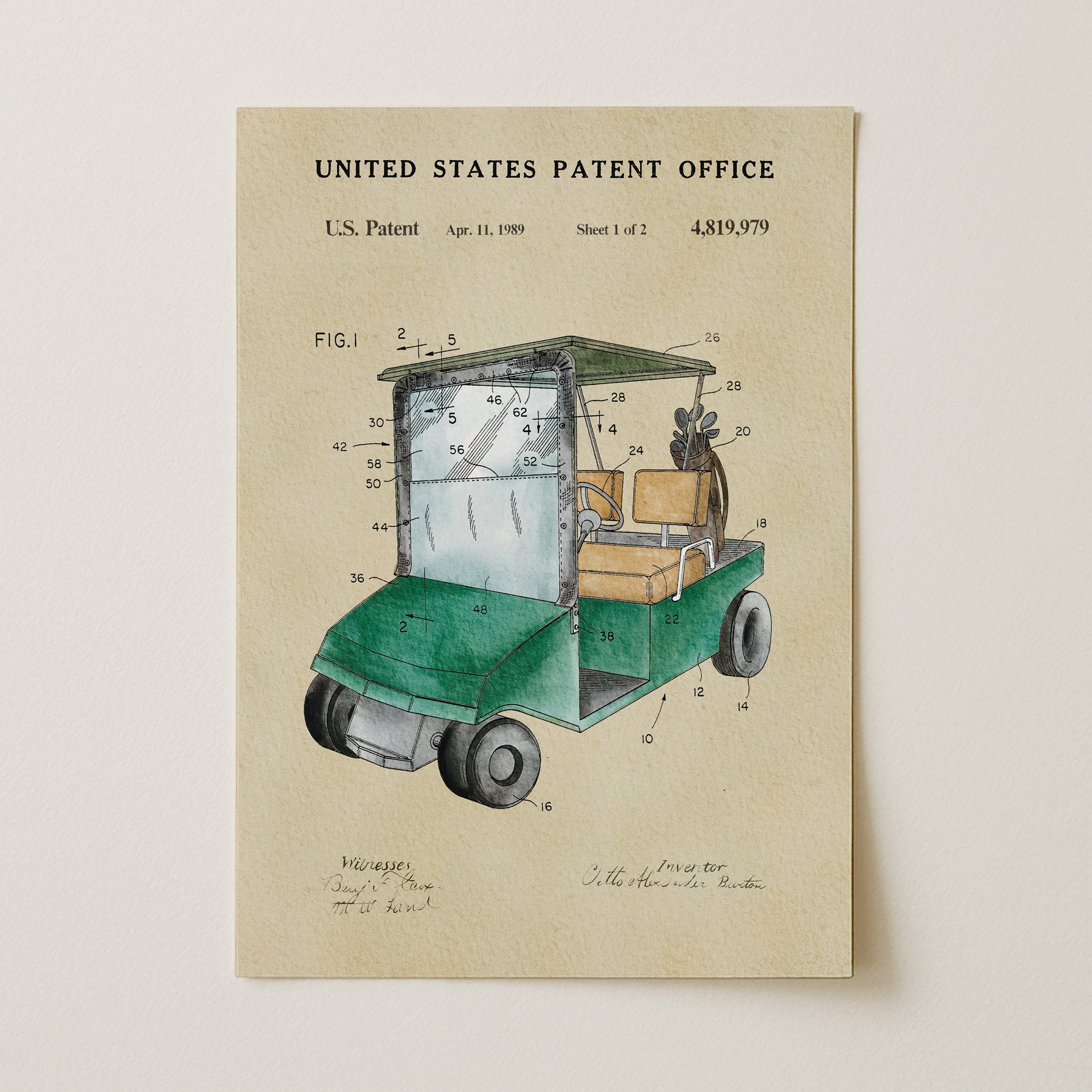The image is a printed patent drawing of a golf cart, depicting the design and features of the vehicle.