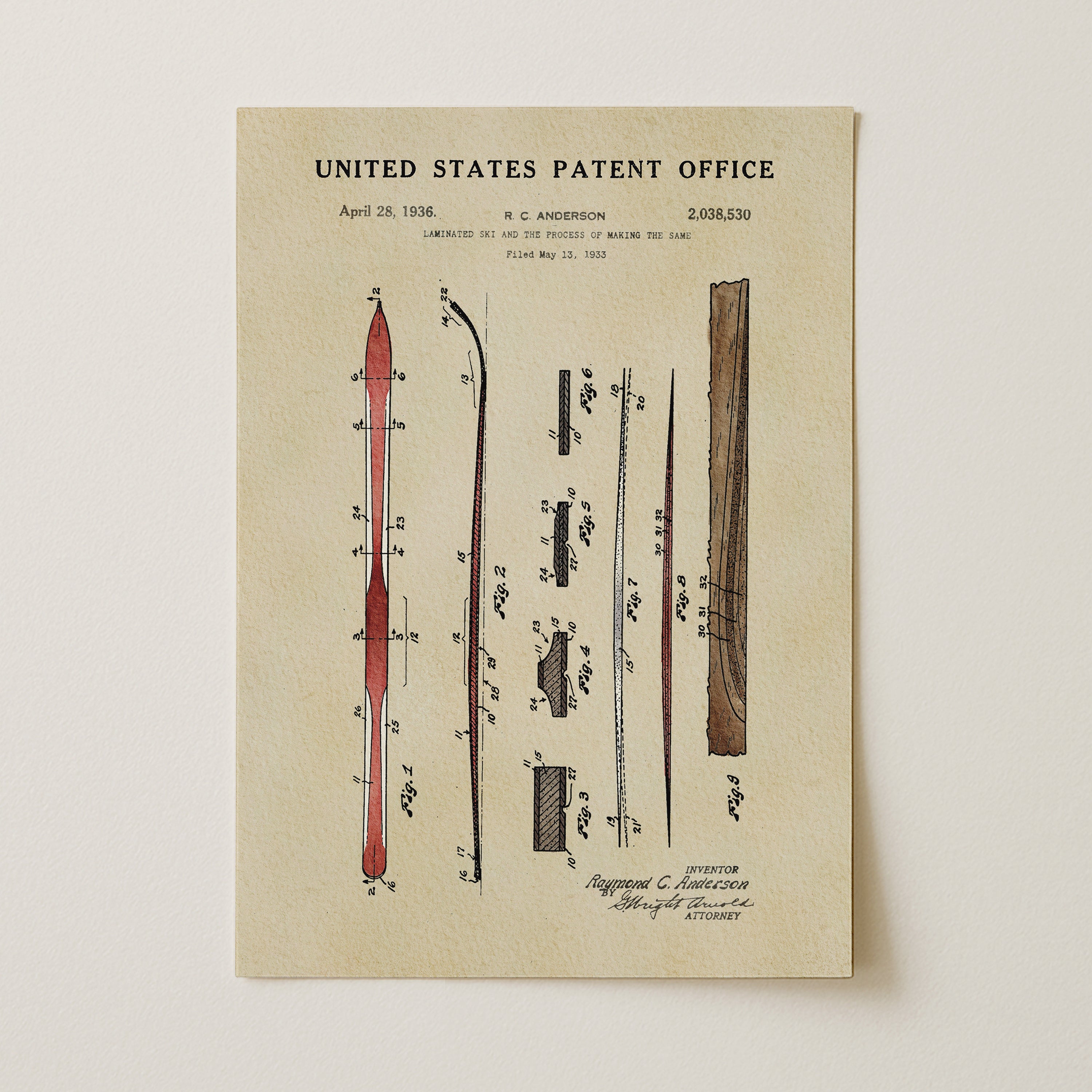 The image is a patent drawing from the United States Patent Office, dated April 28, 1936, depicting a ski and its components.