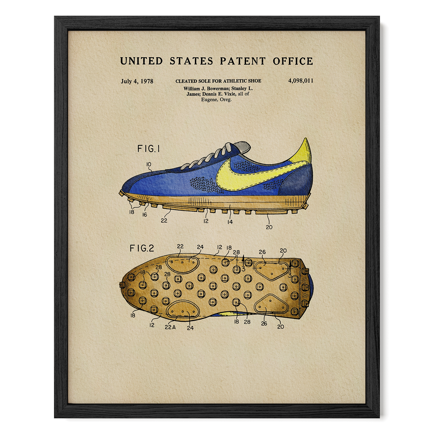 The image is a framed patent drawing of a Nike athletic shoe, depicting the design and features of the shoe in a technical drawing style.