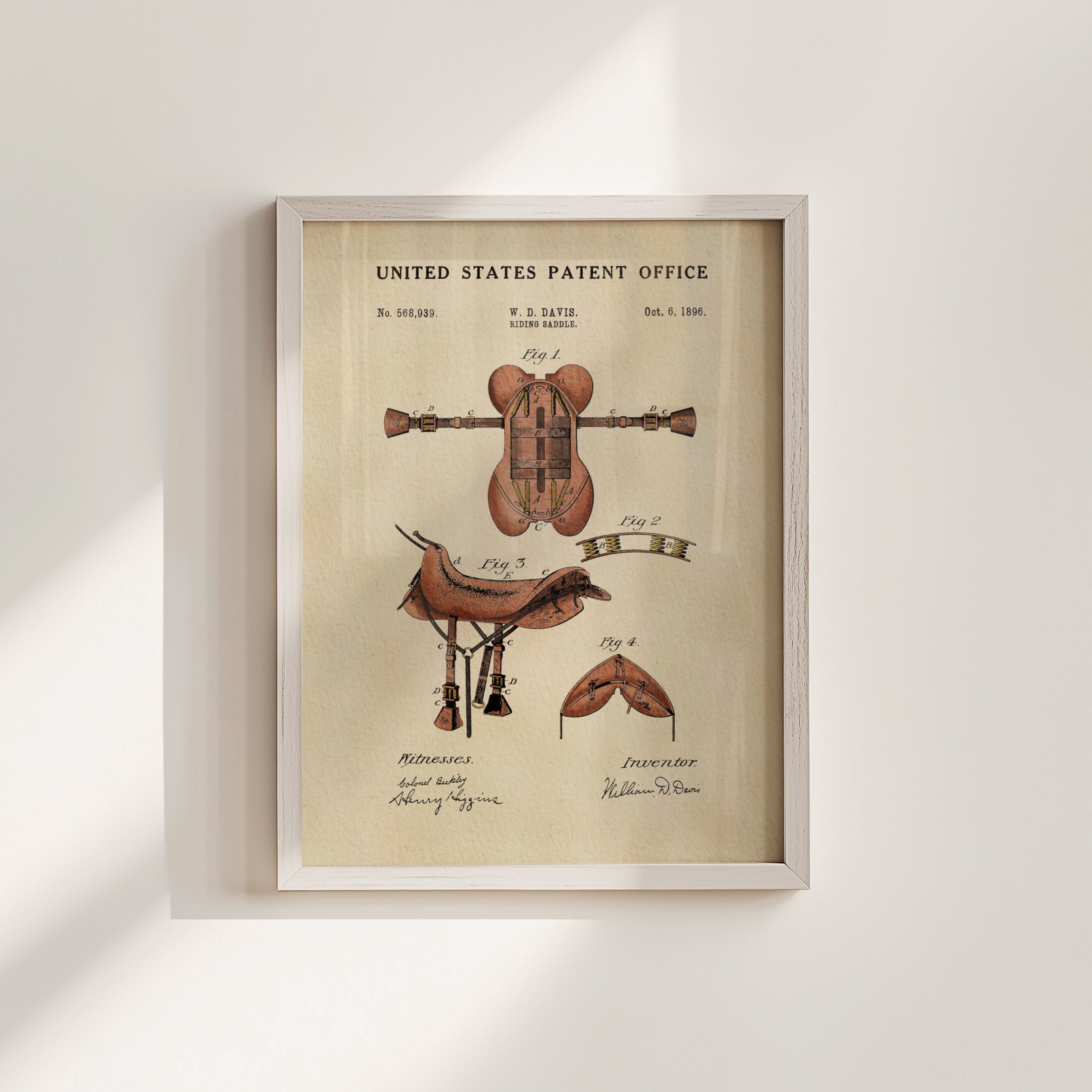 The image is a framed patent drawing depicting a horse saddle, with accompanying technical drawings and annotations.
