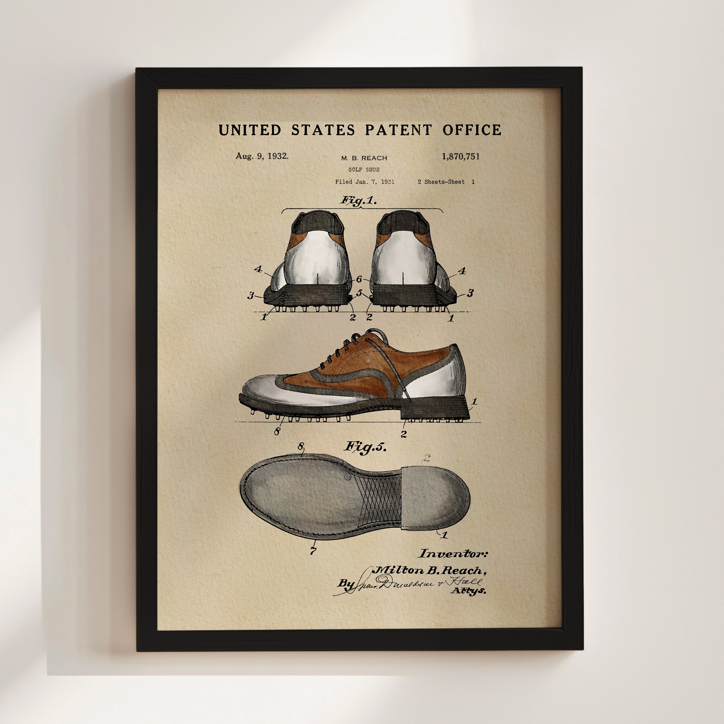 The image is a framed patent drawing depicting a pair of shoes, likely from the early 20th century.