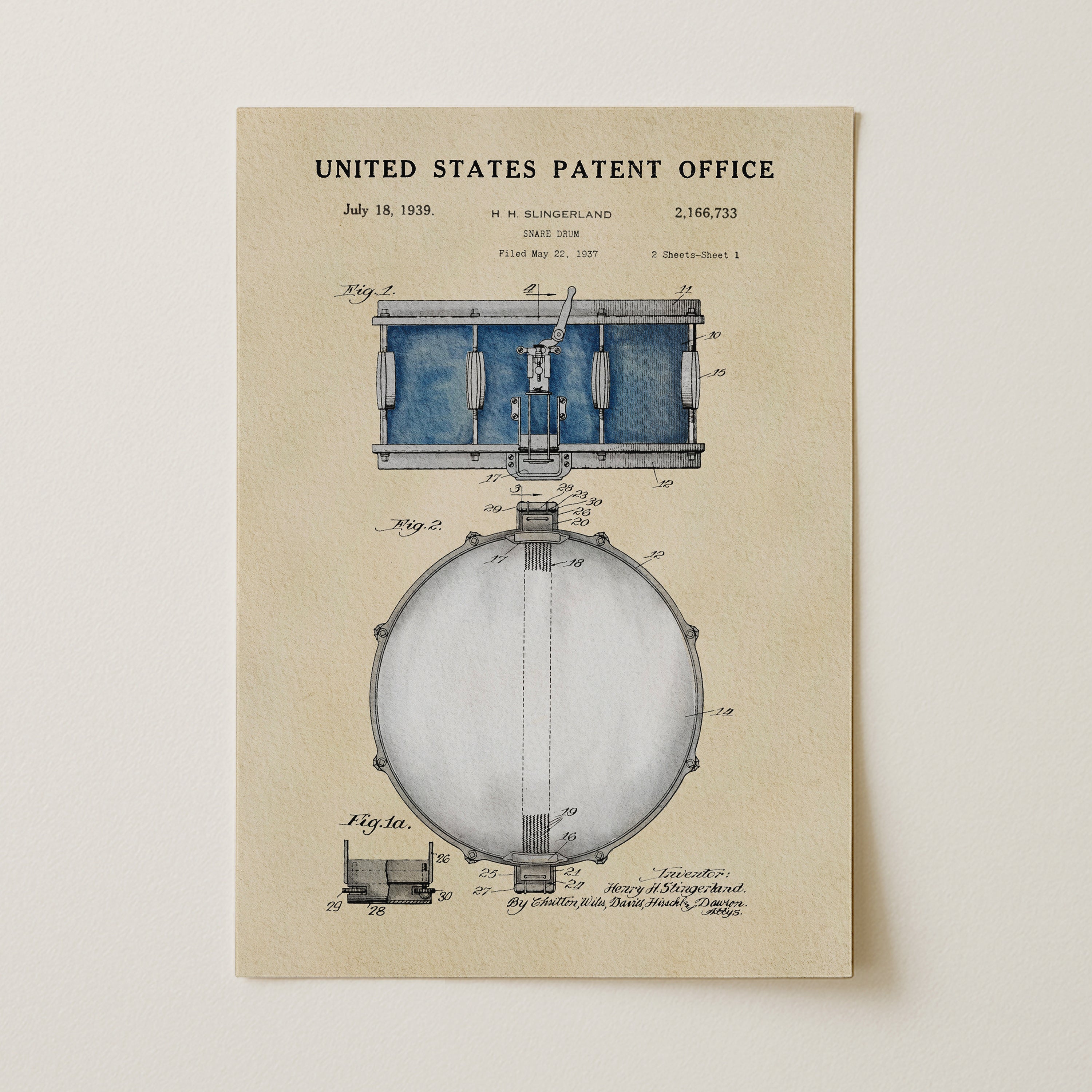 The image is a patent drawing from the United States Patent Office dated July 18, 1939, depicting a blue drum or musical instrument with detailed technical drawings and specifications.