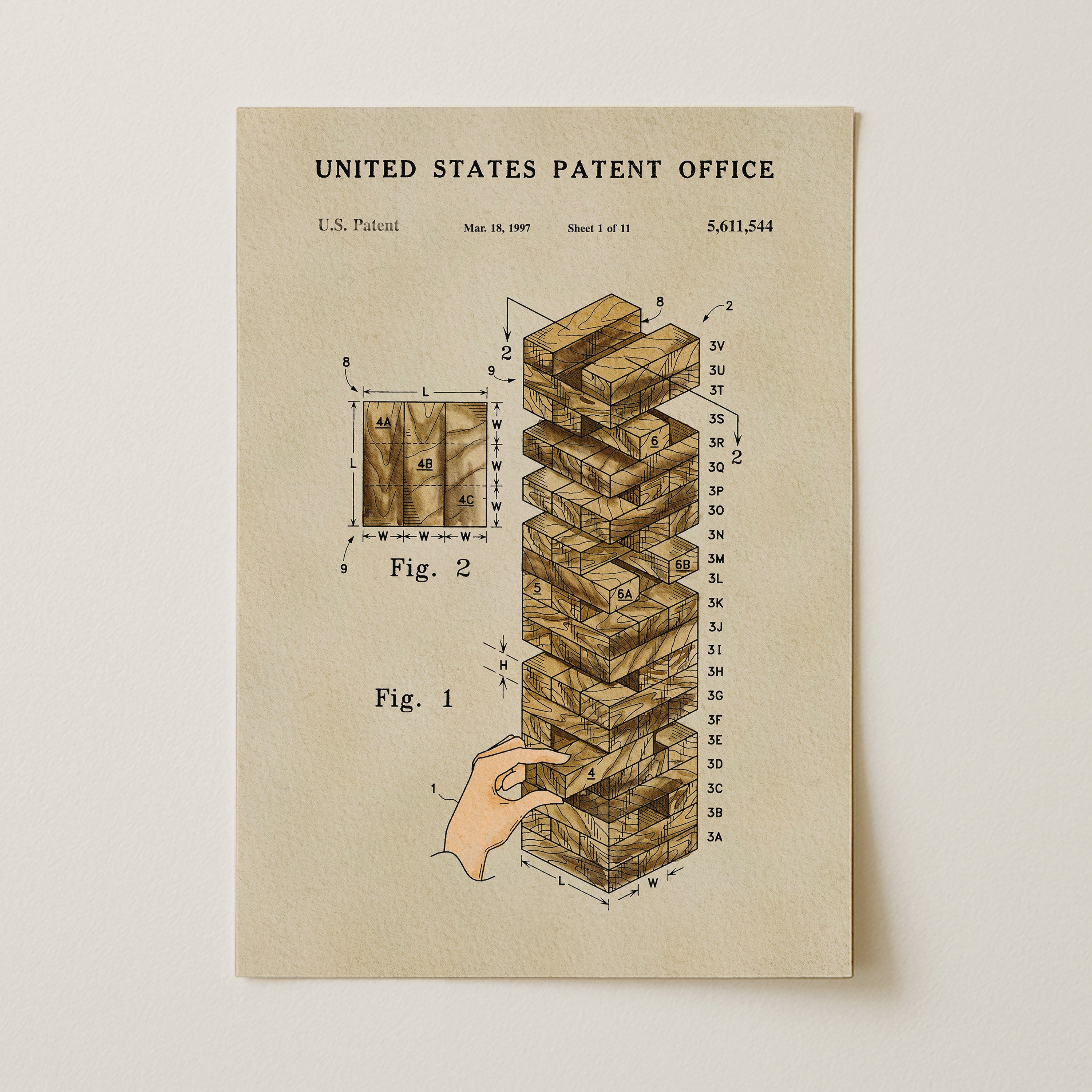 The image is a patent drawing depicting a Jenga block tower, with a hand reaching for one of the blocks.