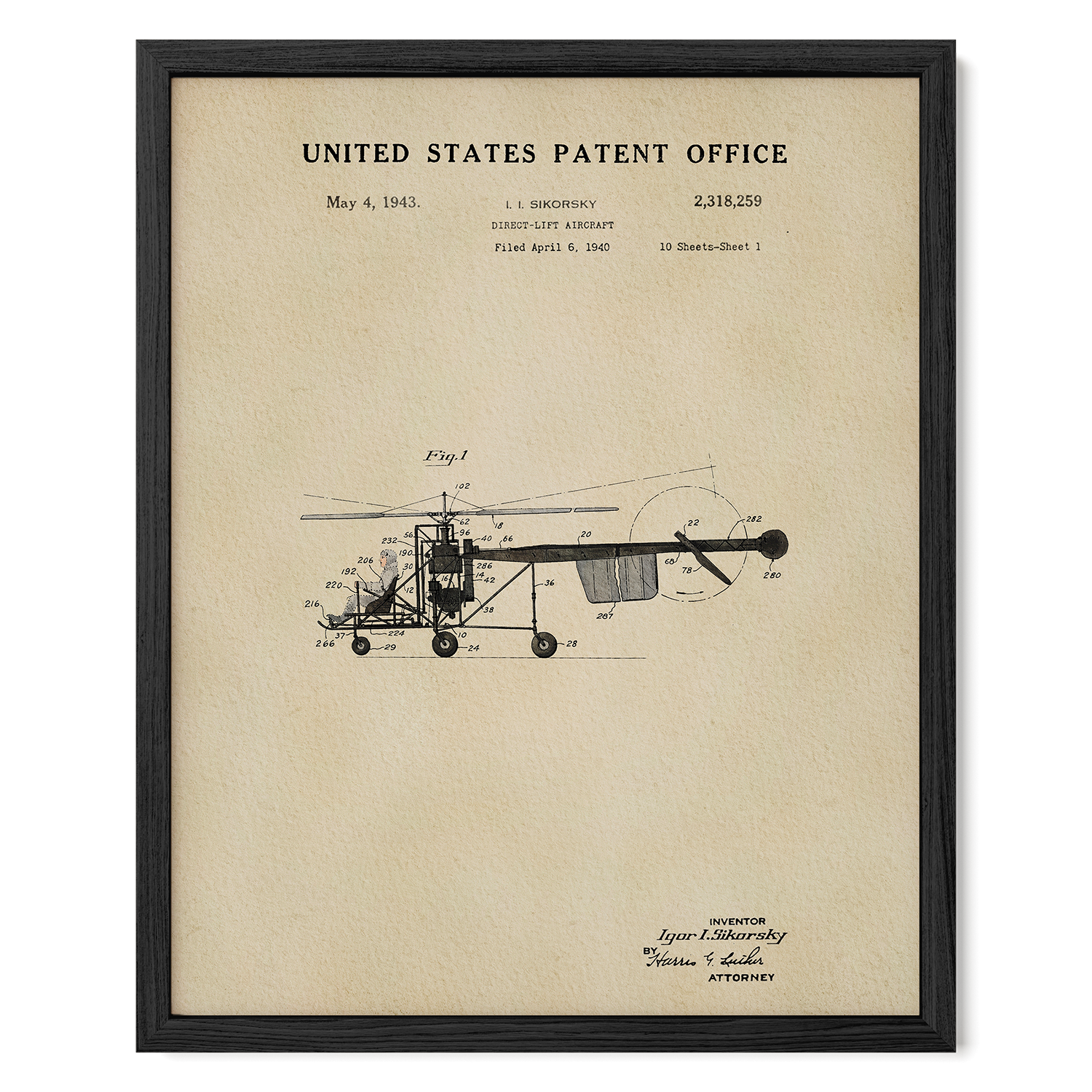 A framed patent drawing of a helicopter from the United States Patent Office, dated May 4, 1943.