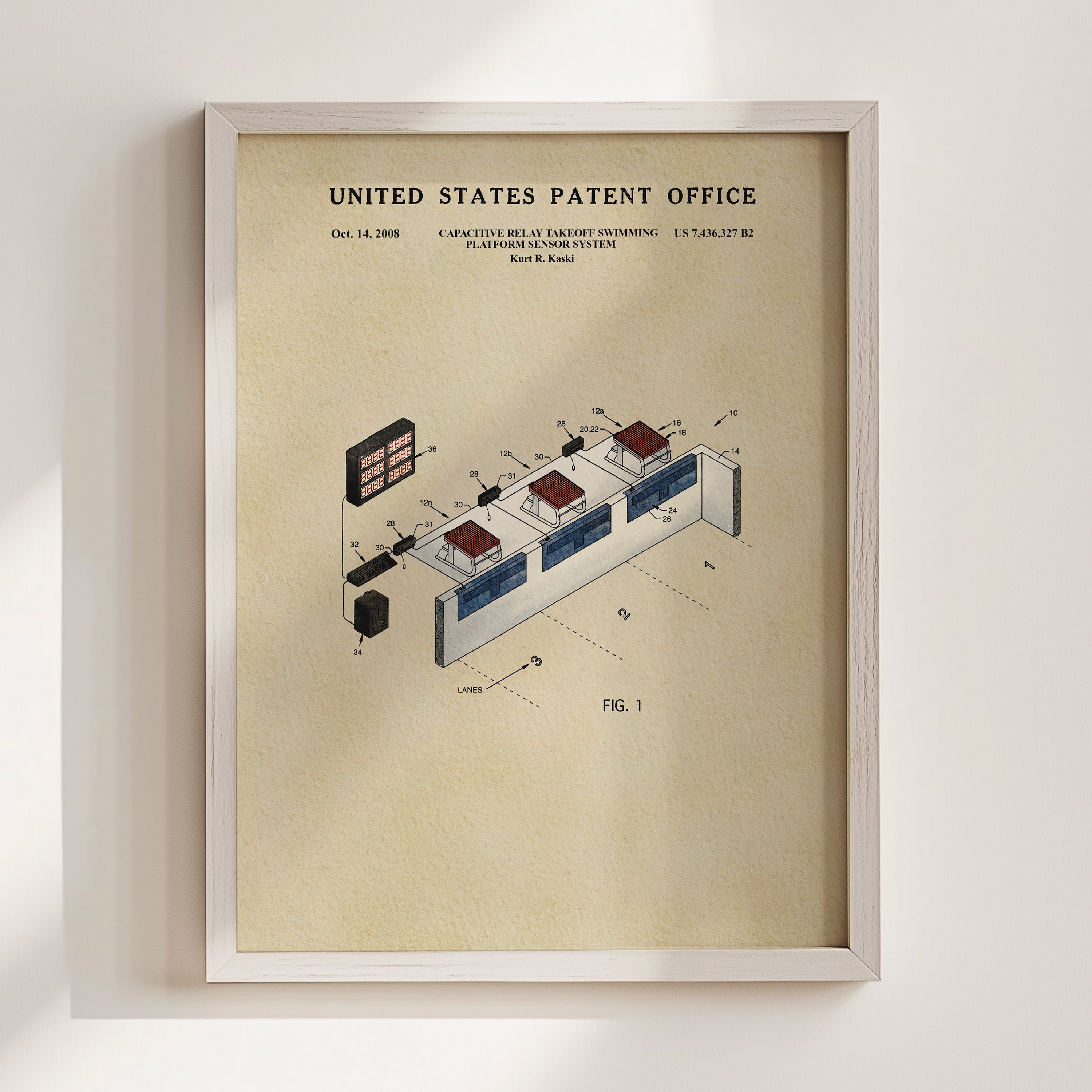 The image is a framed patent drawing depicting a technical drawing of a swimming pool system, including a pool, a deck, and various components.