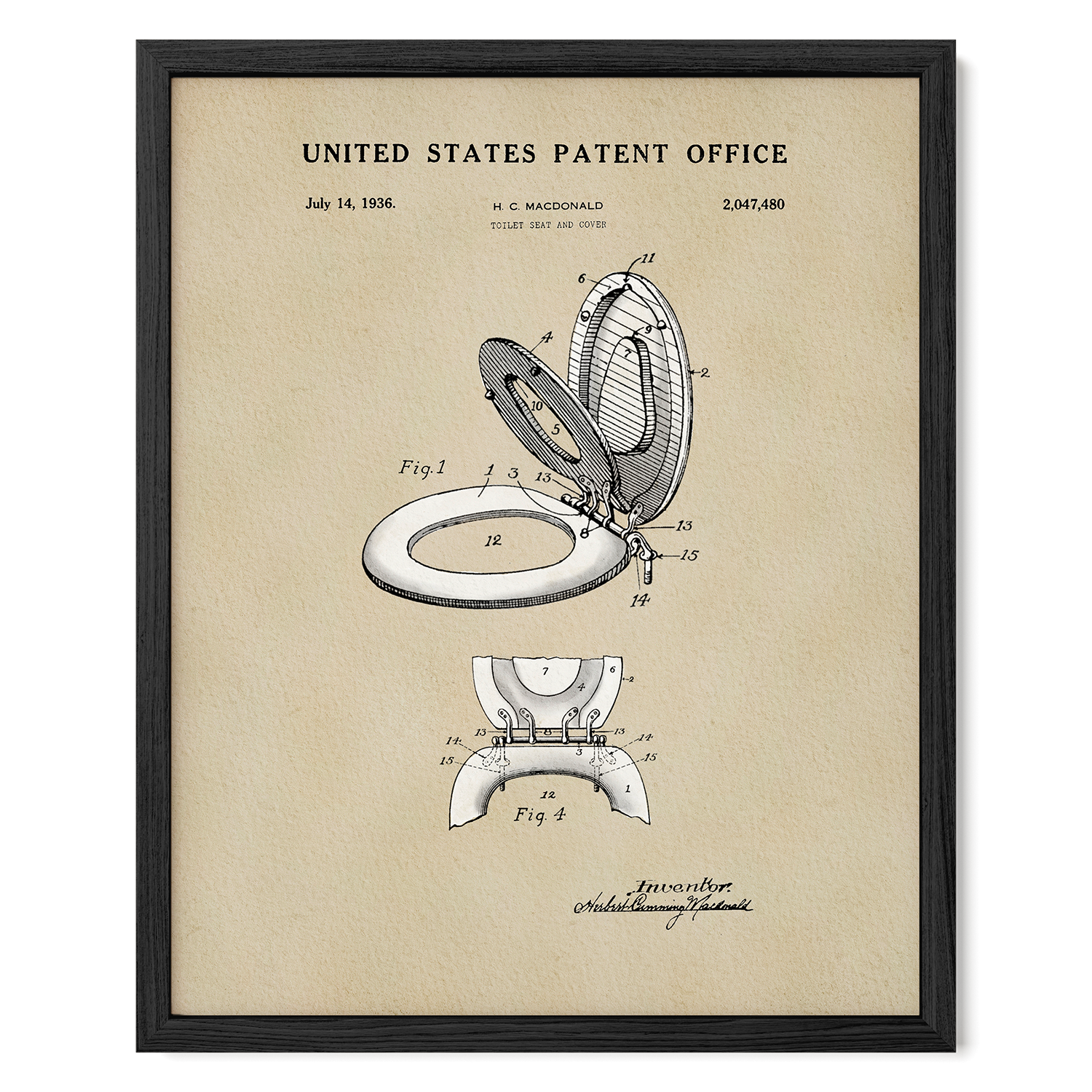 The image is a framed patent drawing of a toilet from the United States Patent Office, dated July 14, 1936.