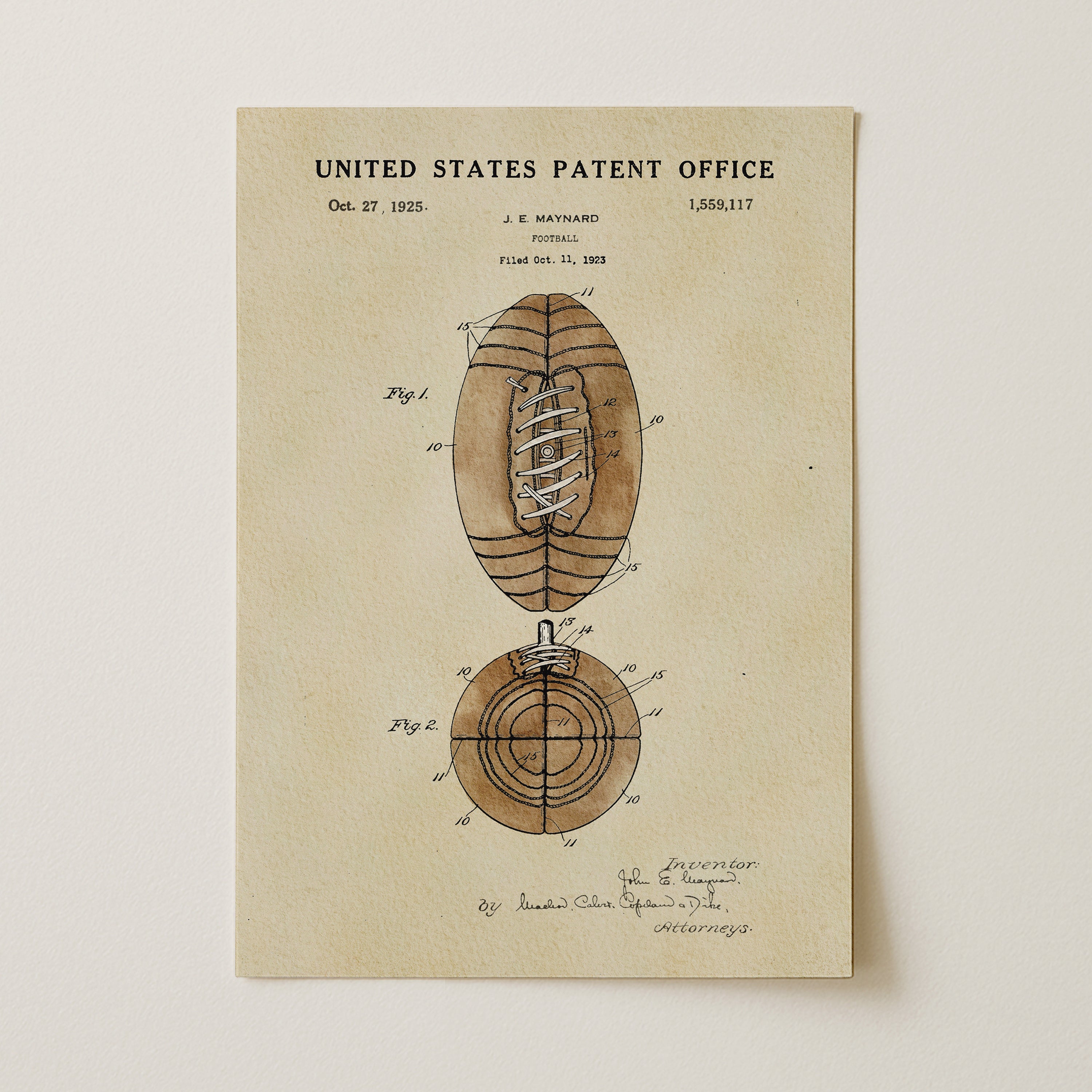 The image is a vintage United States patent drawing of a football, featuring detailed technical drawings and annotations.
