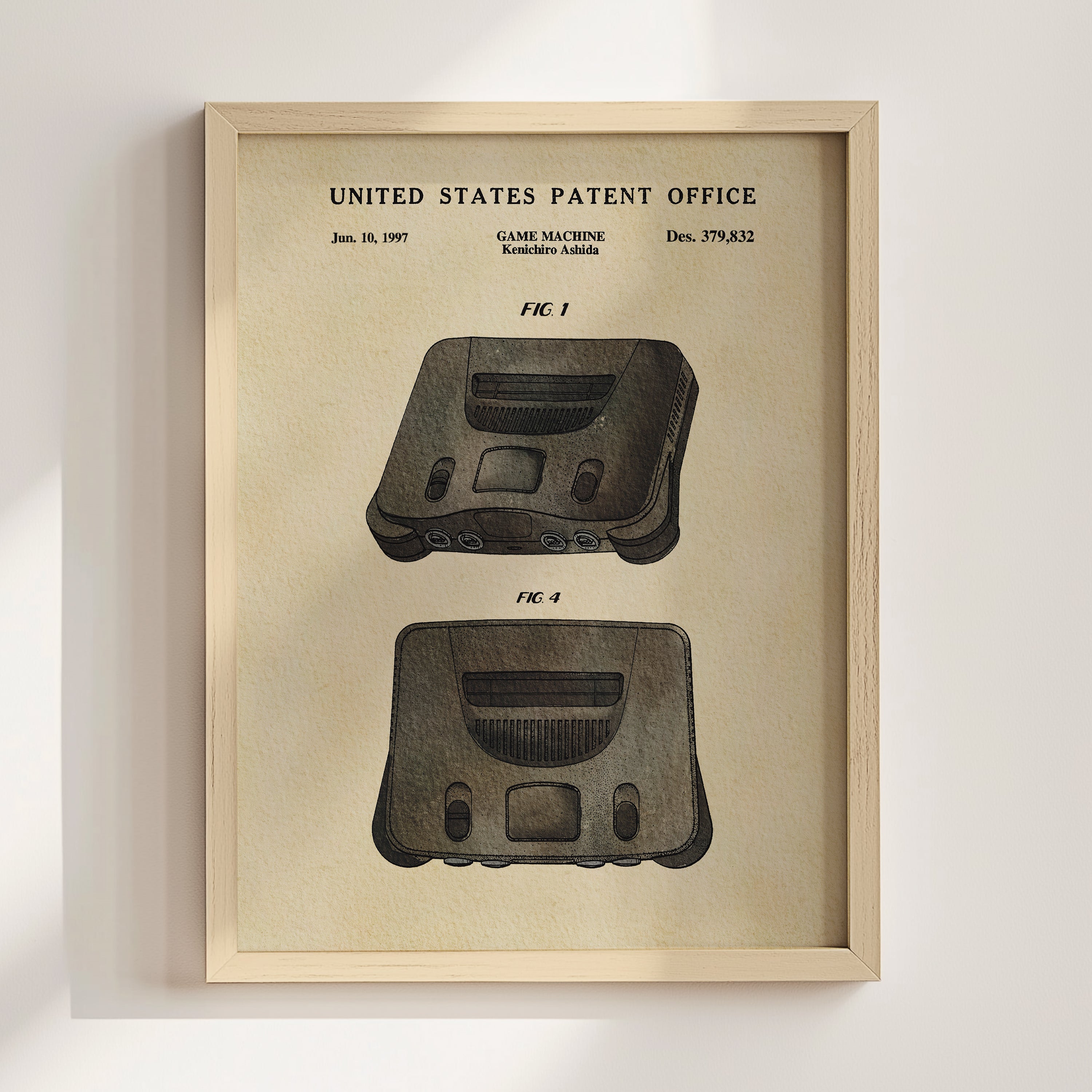 The image is a framed patent drawing of a game machine, specifically the Kenmore Ashida console, dated June, 10, 1997.