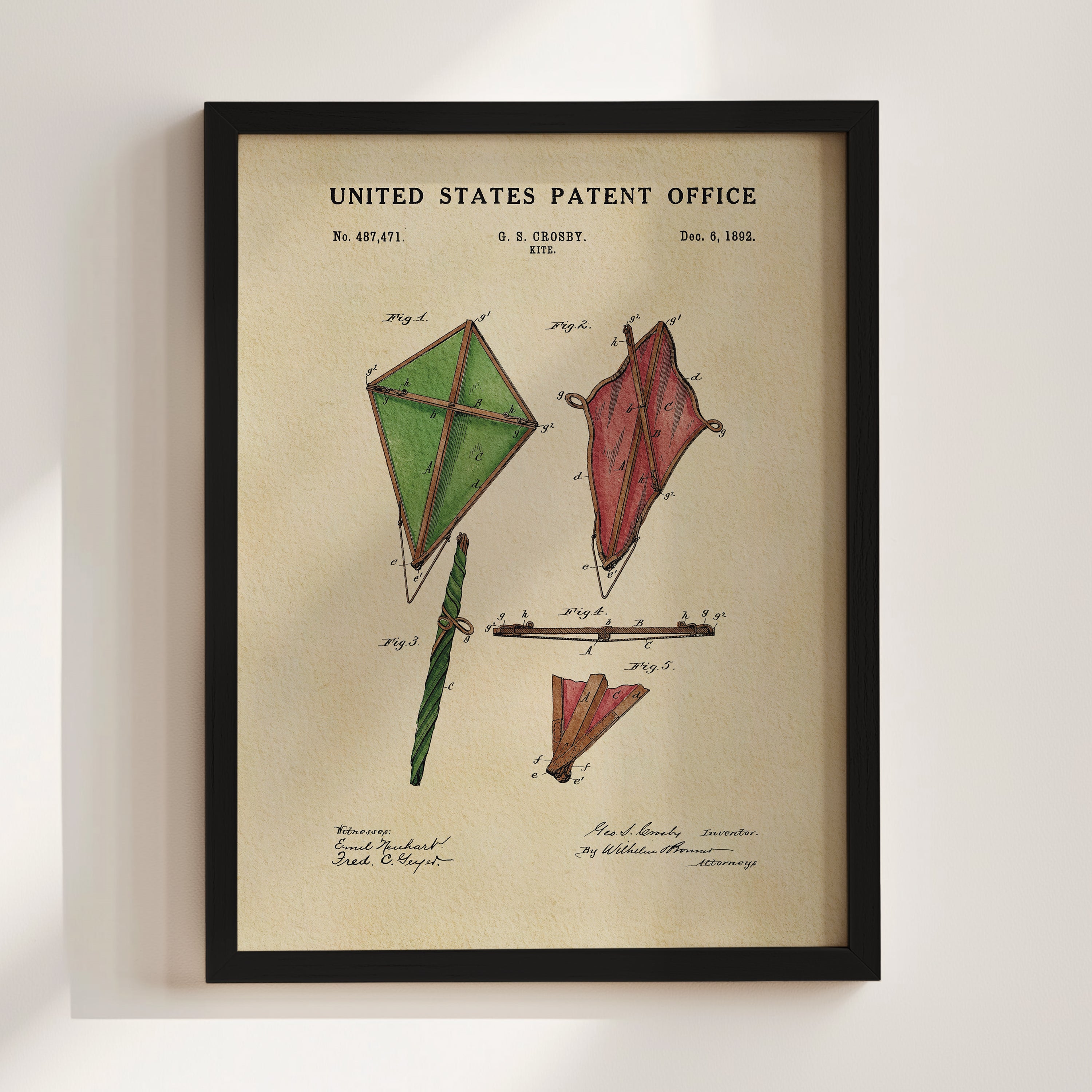 The image is a framed print of a United States patent office patent drawing, featuring various kites and their designs.