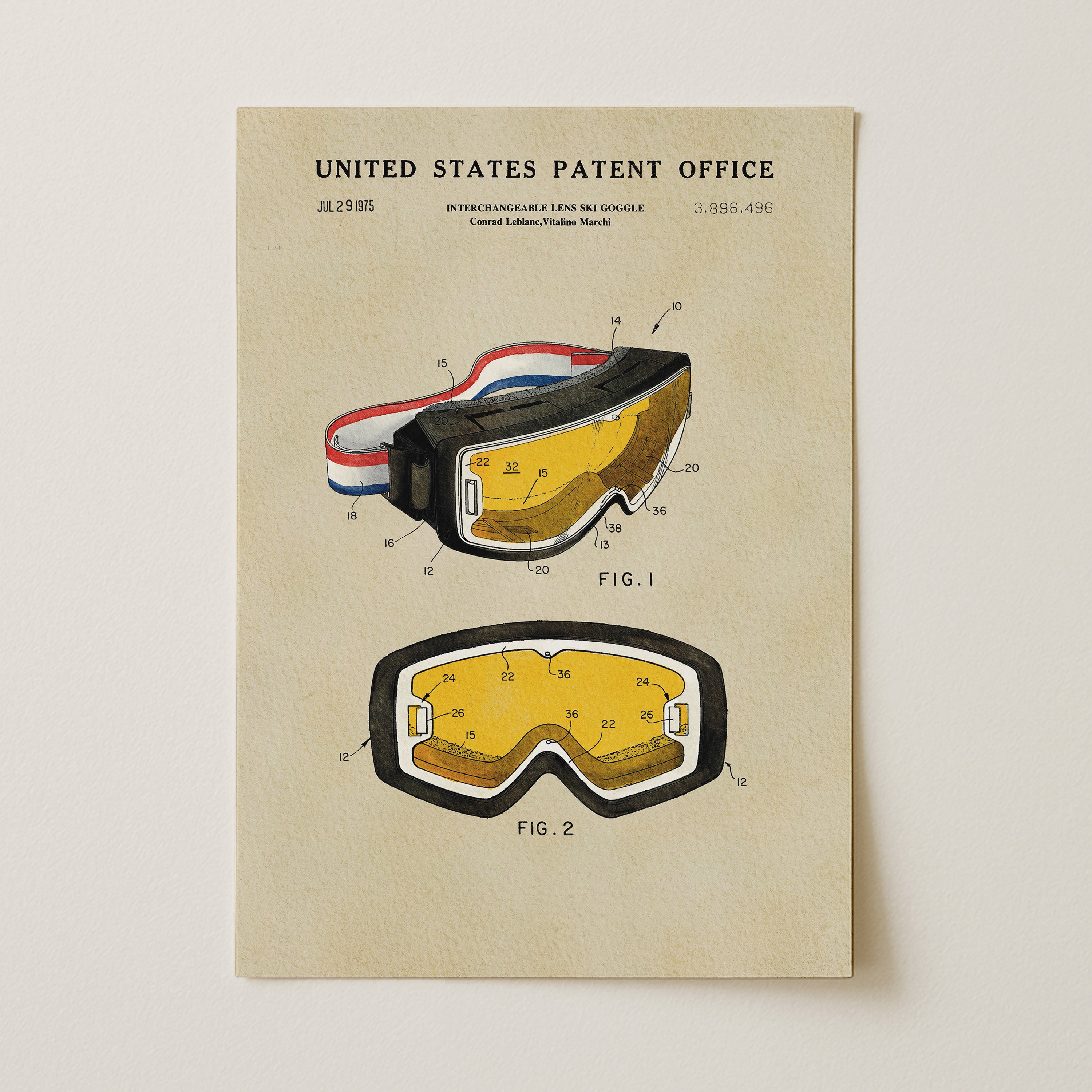 The image is a patent drawing of a pair of goggles, depicting the design and features of the goggles in a detailed manner.