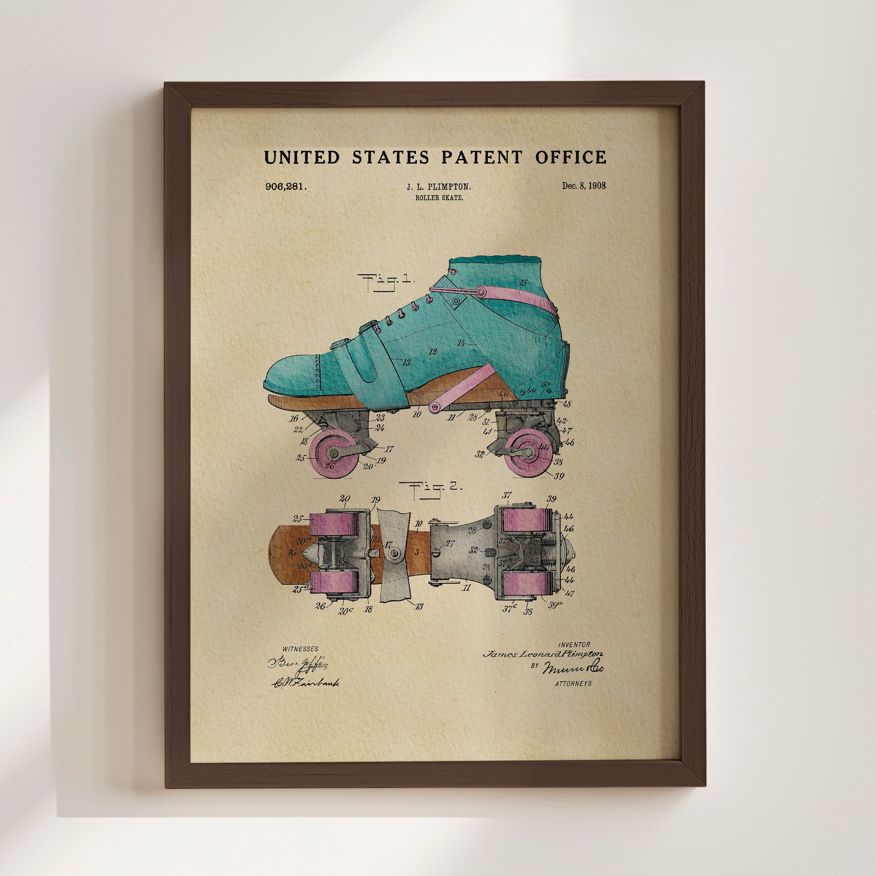 The image is a framed patent drawing of a roller skate, depicting the design and features of the skateboard.