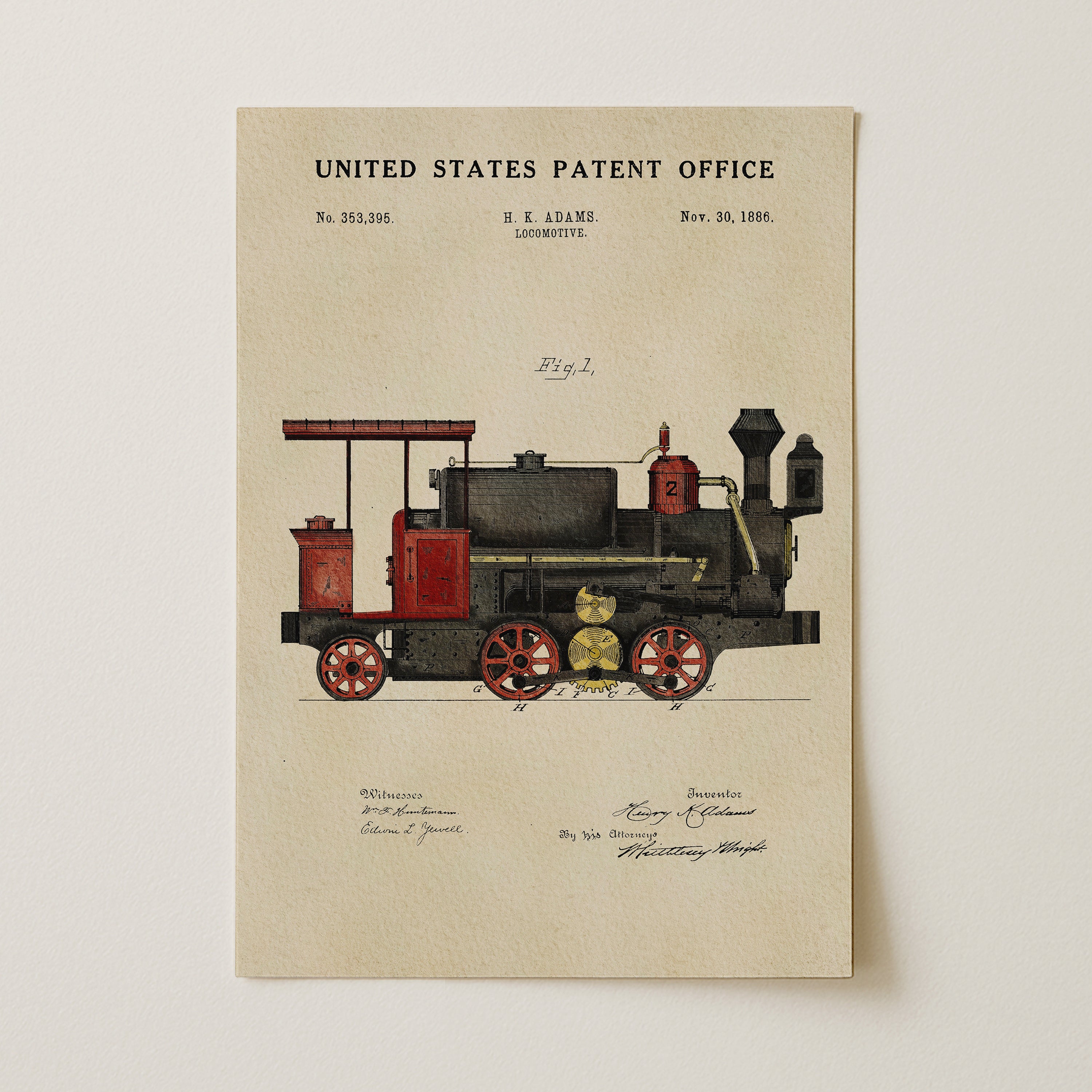 The image is a patent drawing of a steam locomotive, depicting a detailed illustration of the train's design and features.