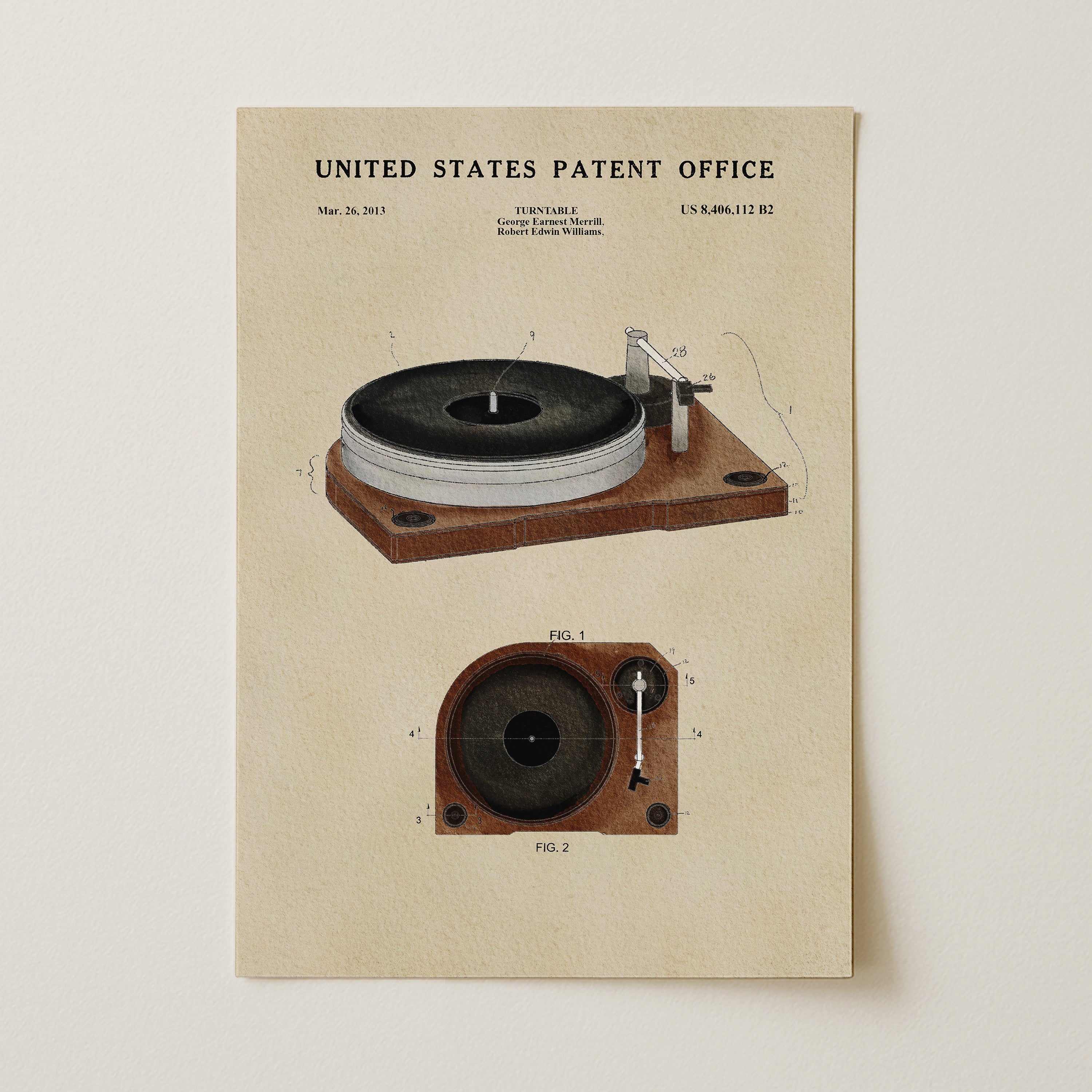 The image is a patent drawing of a turntable, which is a device used to play vinyl records. The drawing includes a detailed illustration of the turntable's components and features, such as the turntable head, tonearm, and tonearm arm. The drawing also includes a diagram of the turntable's internal components, such as the tonearm and tonearm arm. The drawing is titled