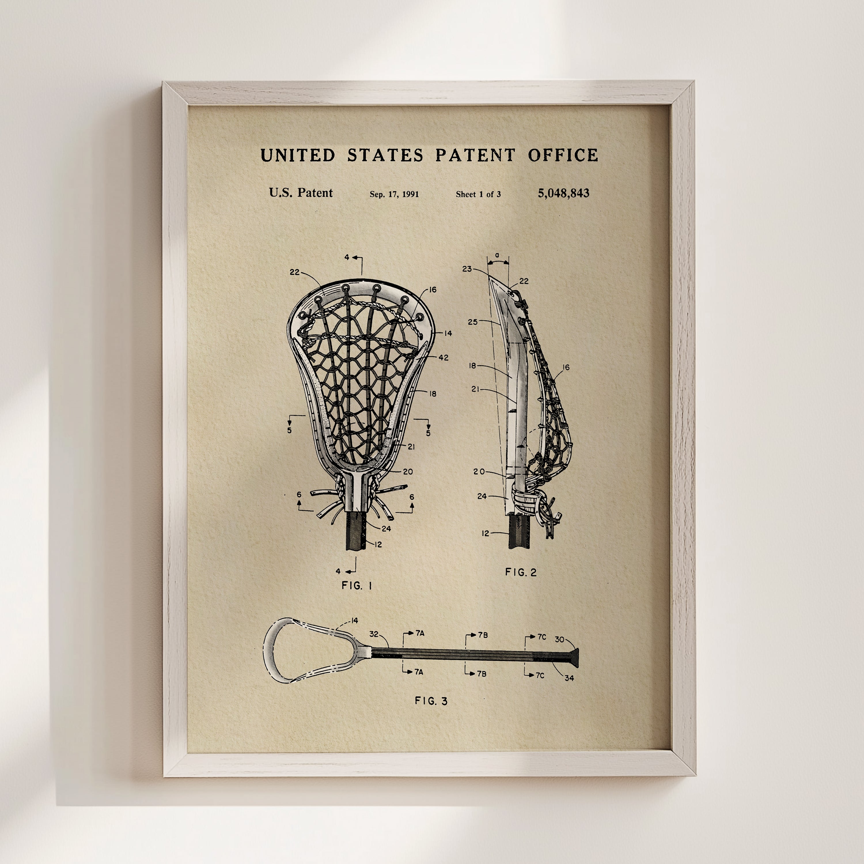 The image is a framed patent drawing of a lacrosse net, depicting the net and its components in a detailed manner.
