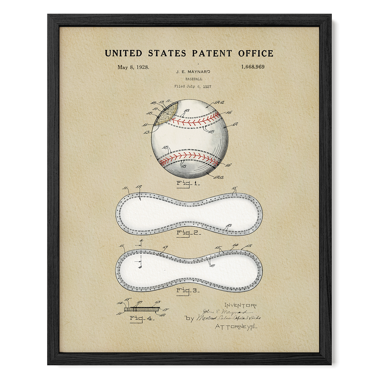 The image is a framed patent drawing depicting a baseball, featuring detailed drawings and labels.