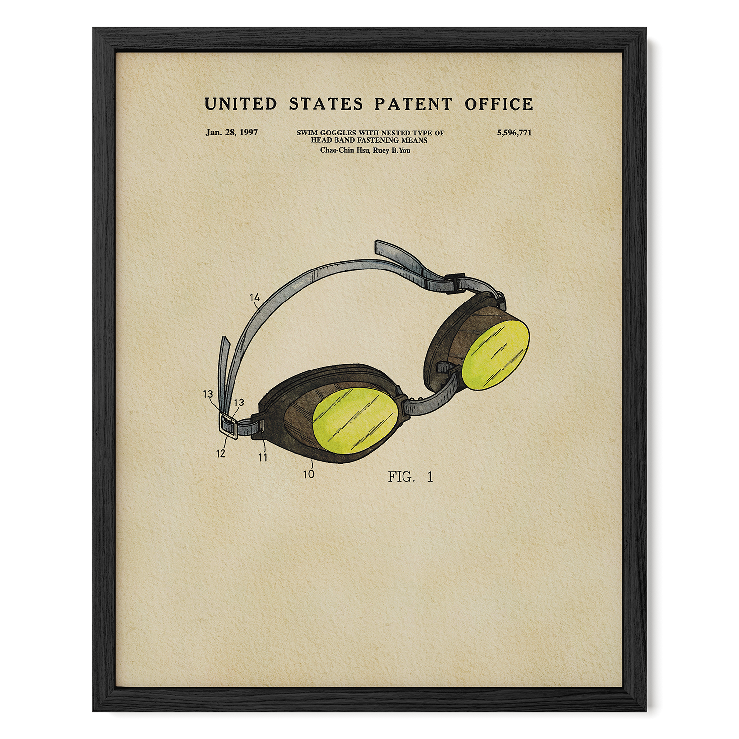 A framed patent drawing of a pair of swim goggles with a yellow lens, depicting the goggles in a detailed and realistic manner.