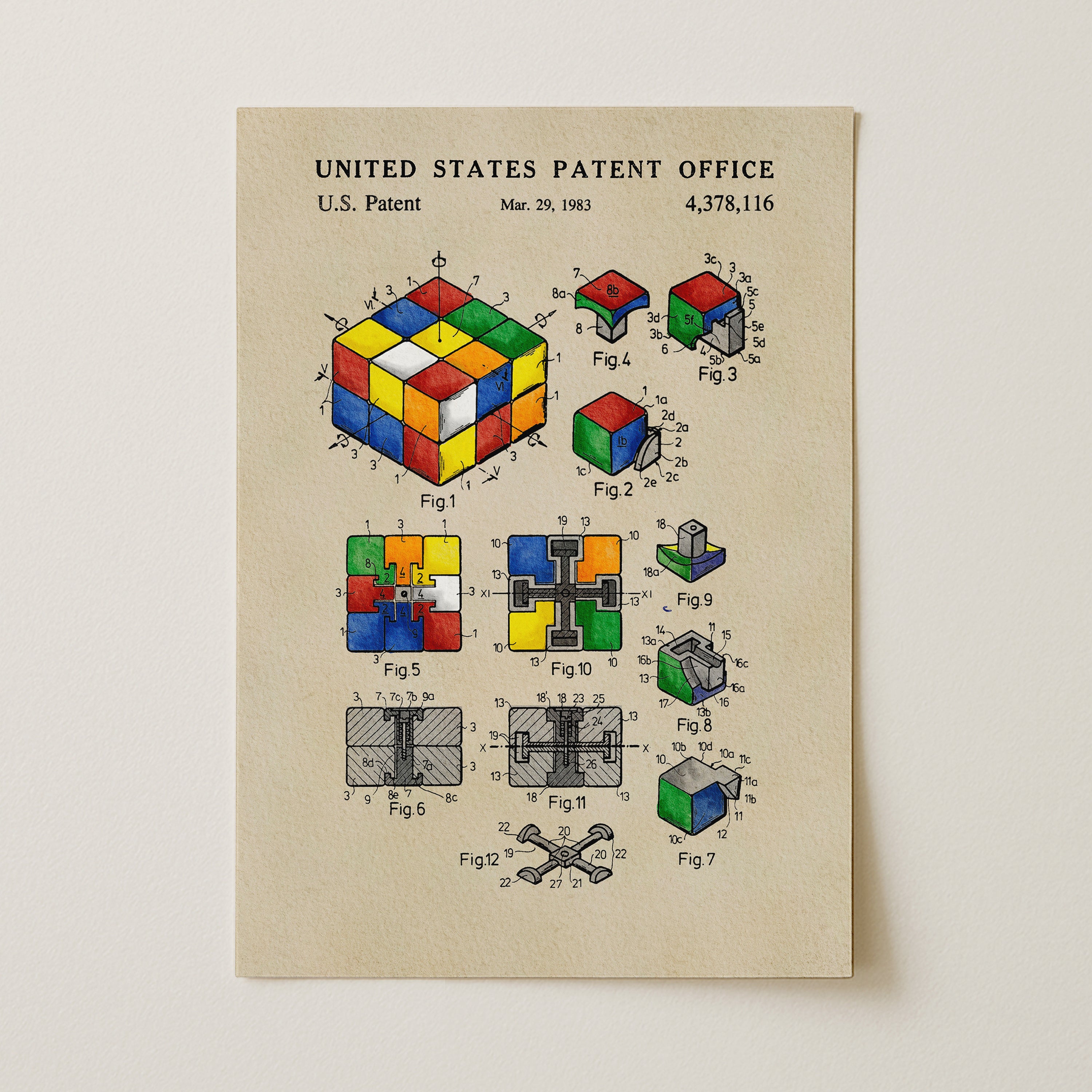 The image is a printed patent drawing from the United States Patent Office, depicting a Rubik's cube and its various components.