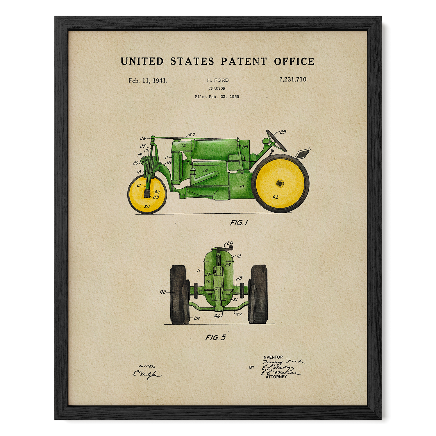 The image is a framed patent drawing of a tractor, depicting the design and features of the tractor in a detailed manner.