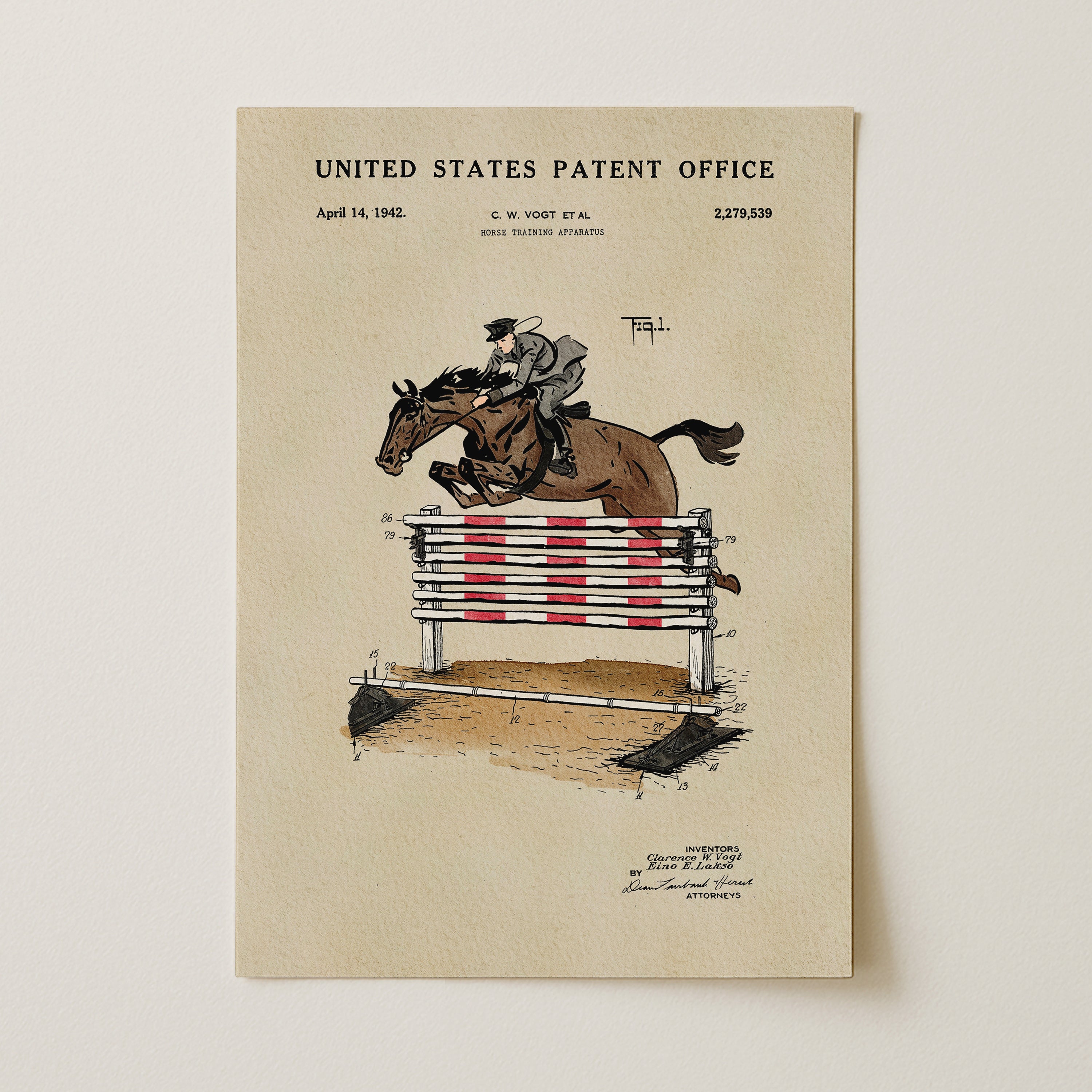 The image is a patent drawing depicting a horse jumping over a red and white striped obstacle.