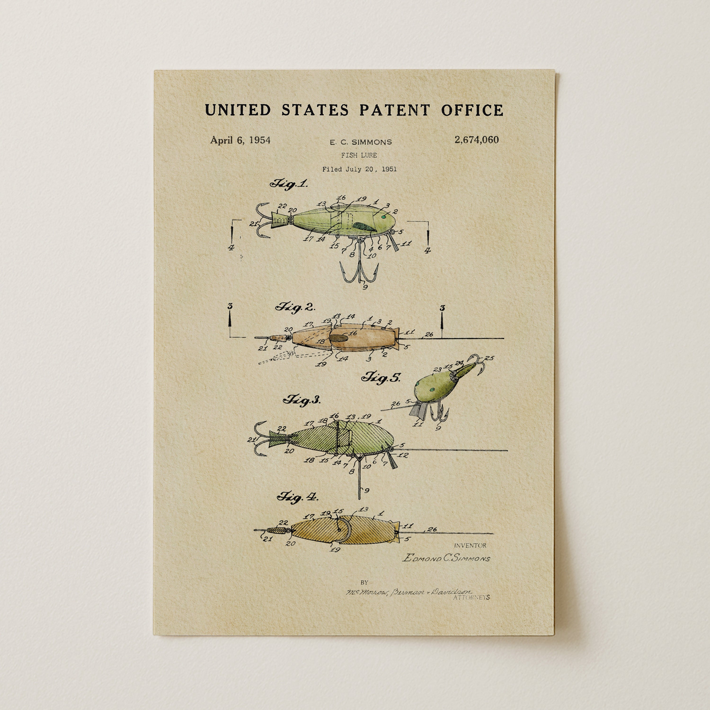 The image is a vintage United States patent office document from April 18, 1954, featuring a detailed illustration of a fishing lure with various technical drawings and annotations.