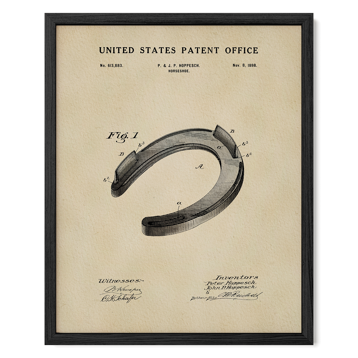 The image is a framed patent drawing of a horseshoe from the United States Patent Office, dated November 8, 1883.