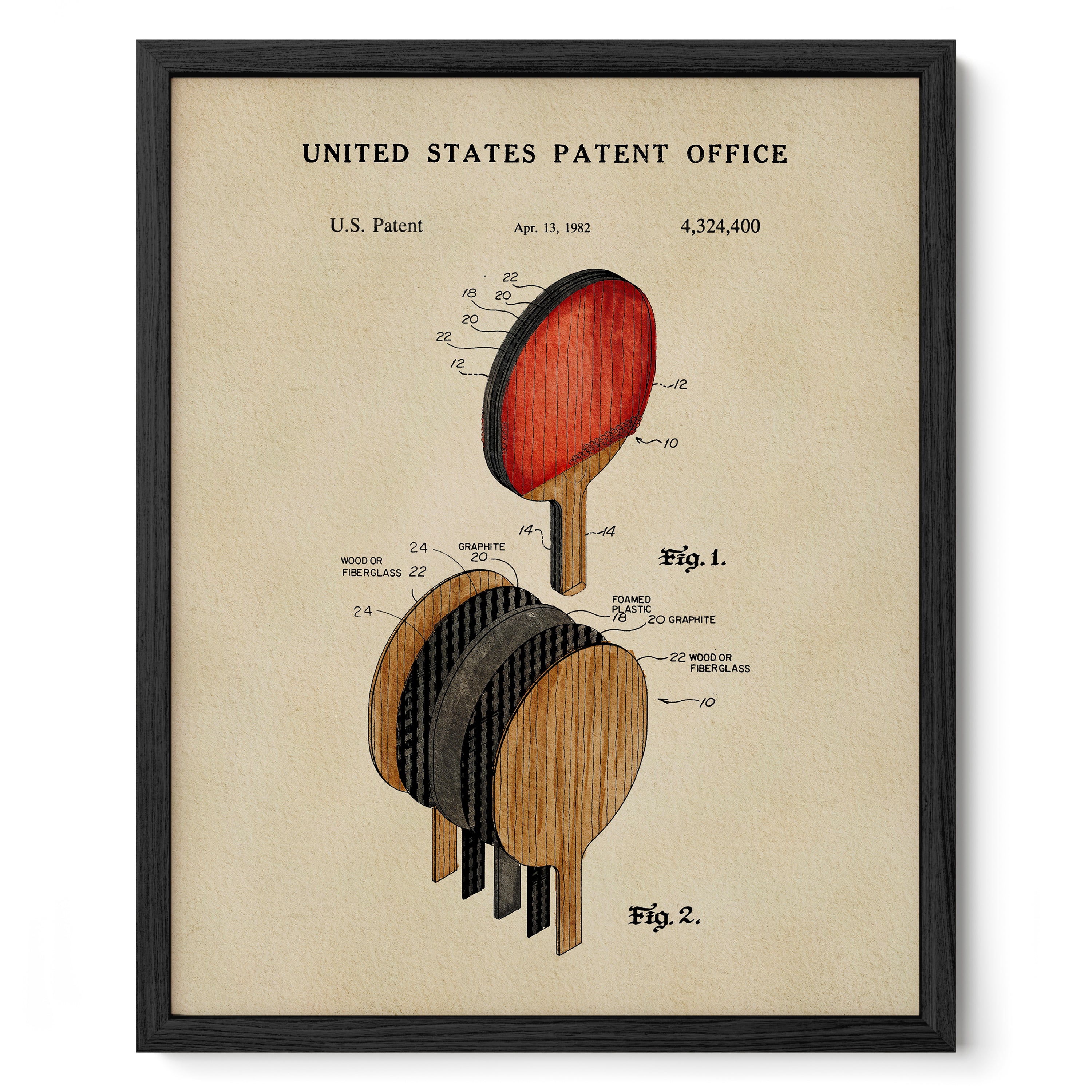 The image is a framed print depicting a patent drawing for a paddle, with a title