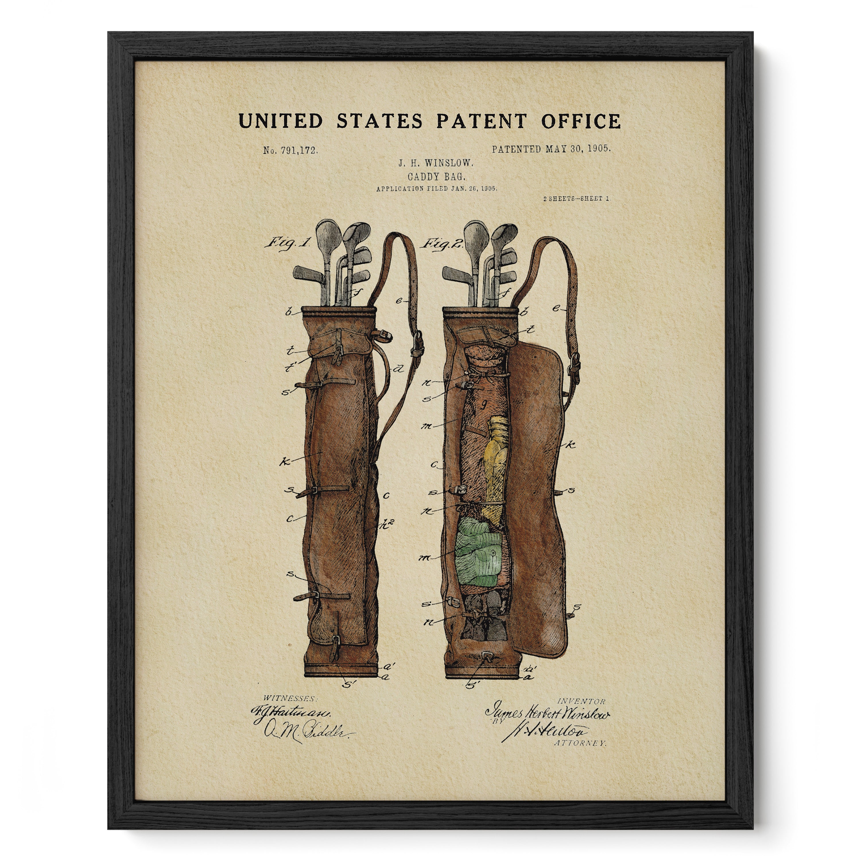 The image is a framed patent drawing depicting a golf bag with a detailed illustration of its design and features.